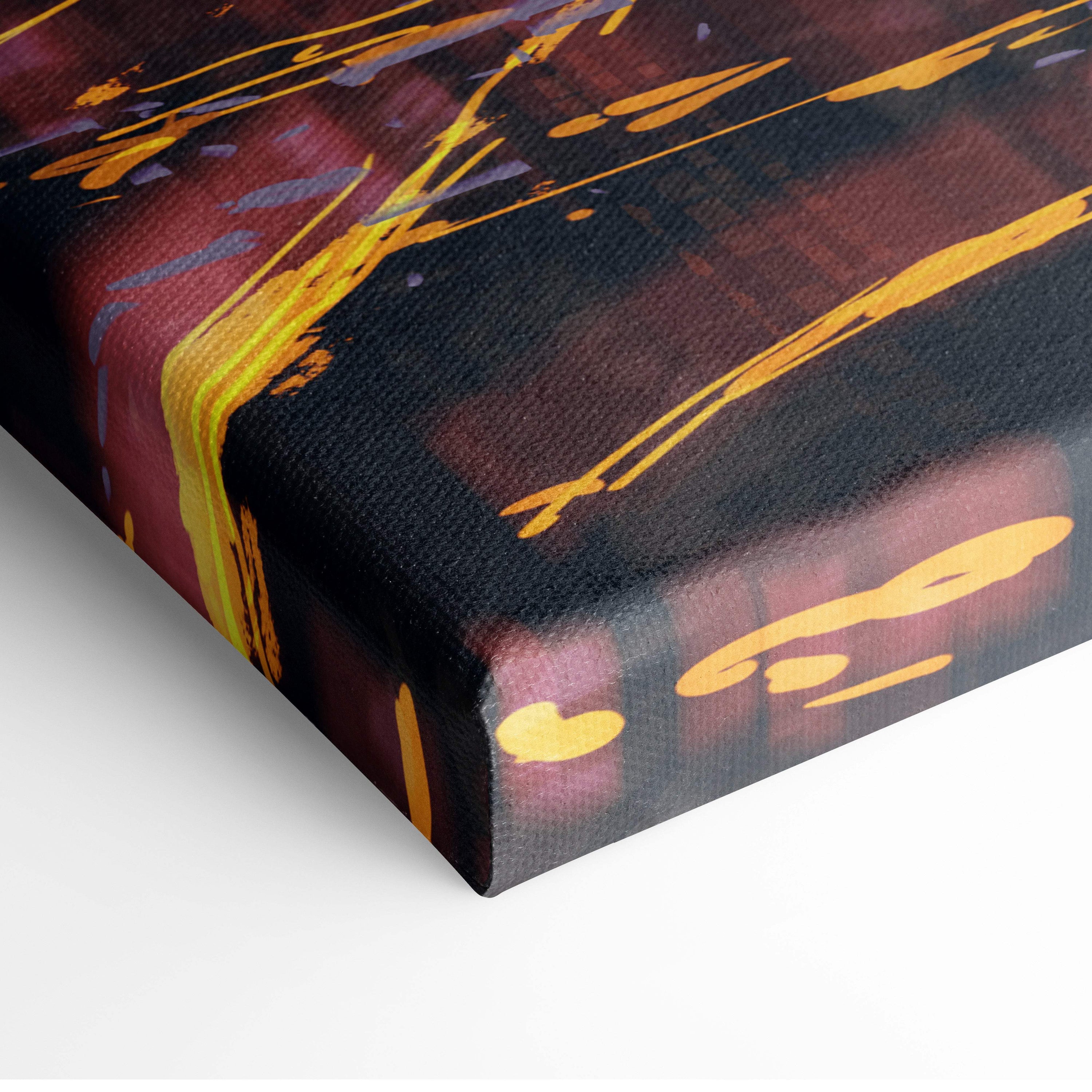 Neon moonrise metropolis canvas art with bold gold maroon and black abstract splashes on textured surface