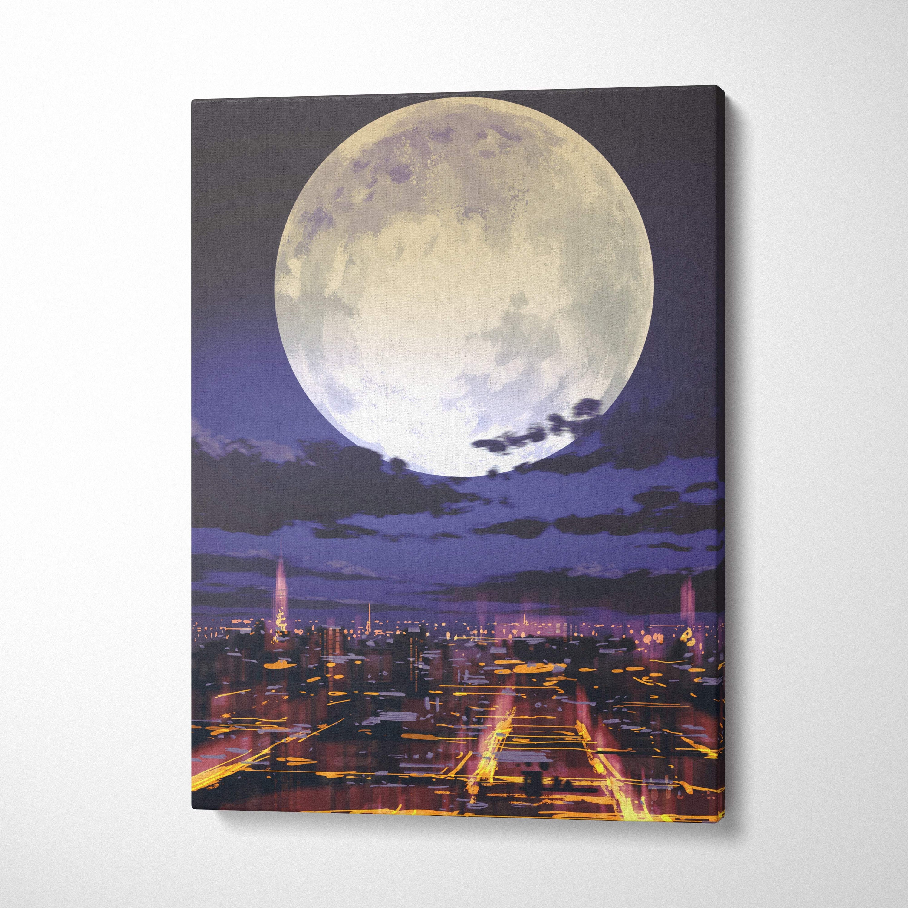 A canvas print of a large detailed full moon over a cityscape with purple and orange neon lighting at night