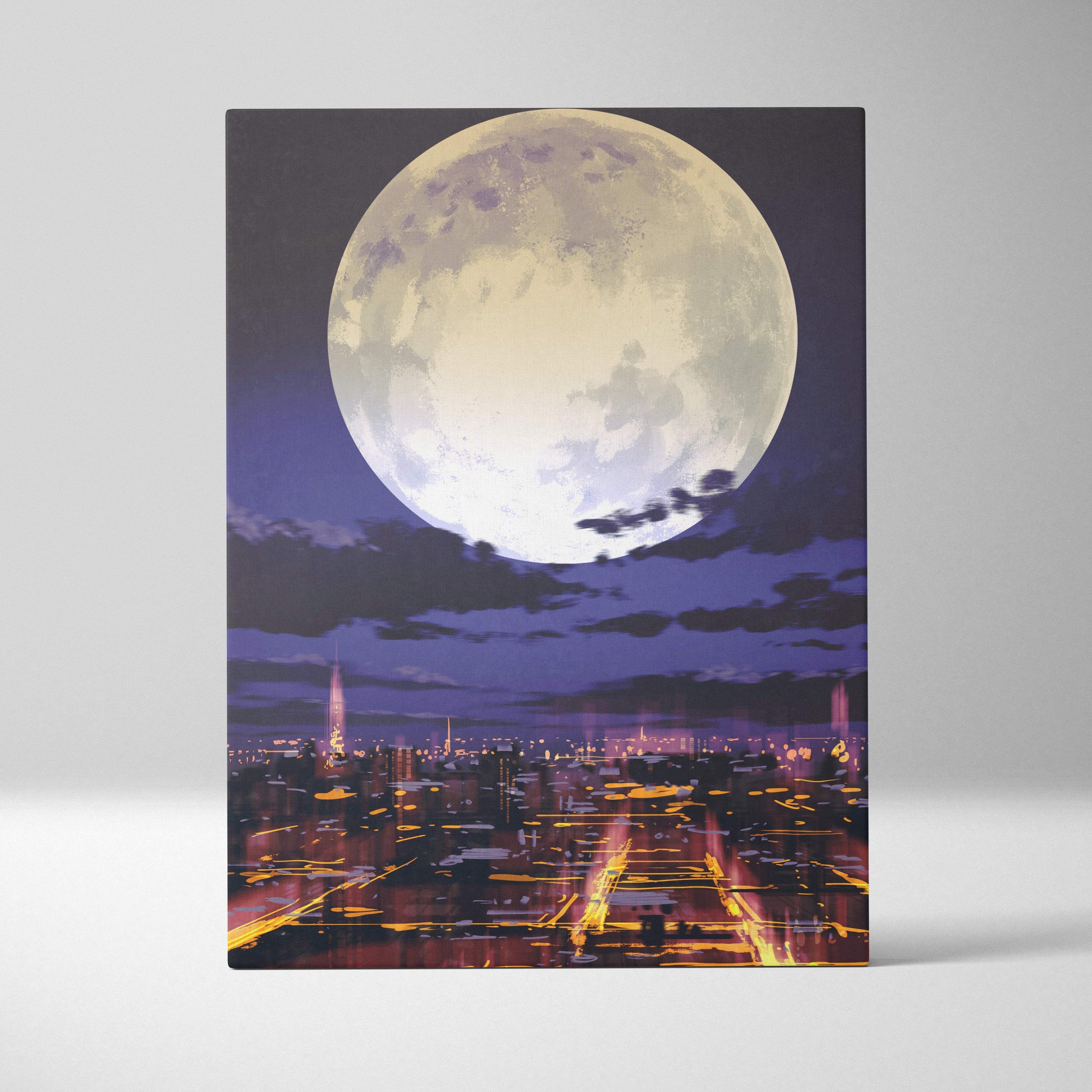 A rectangular canvas print of a neon moonrise metropolis with a glowing purple orange cityscape and oversized pale yellow full moon