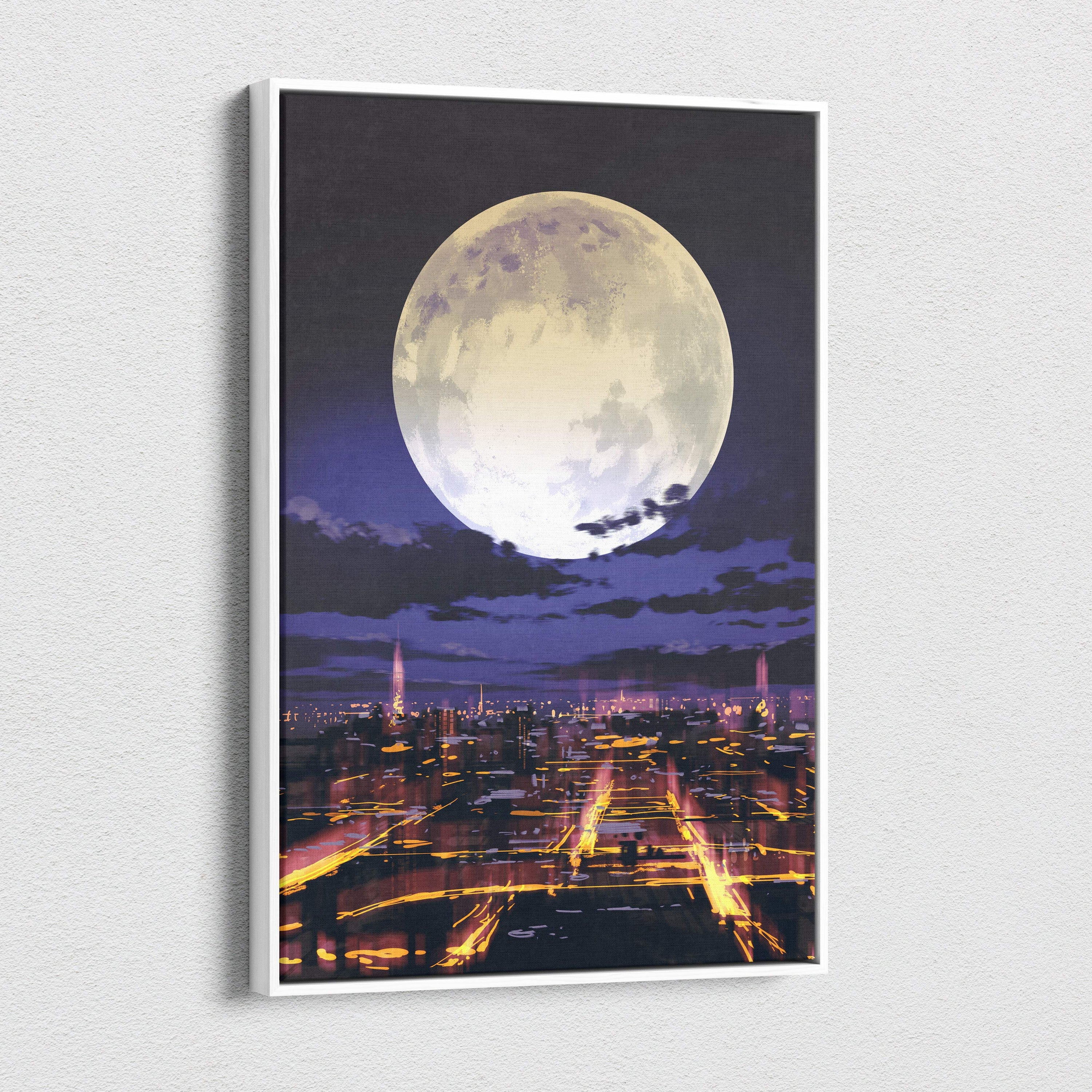 A framed canvas print of a glowing full moon over a cityscape with vibrant purple and yellow lights reflecting on wet streets