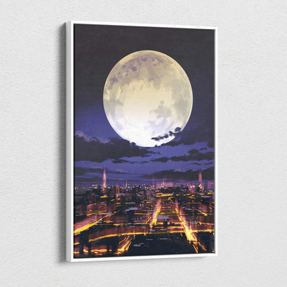 A framed canvas print of a glowing full moon over a cityscape with vibrant purple and yellow lights reflecting on wet streets