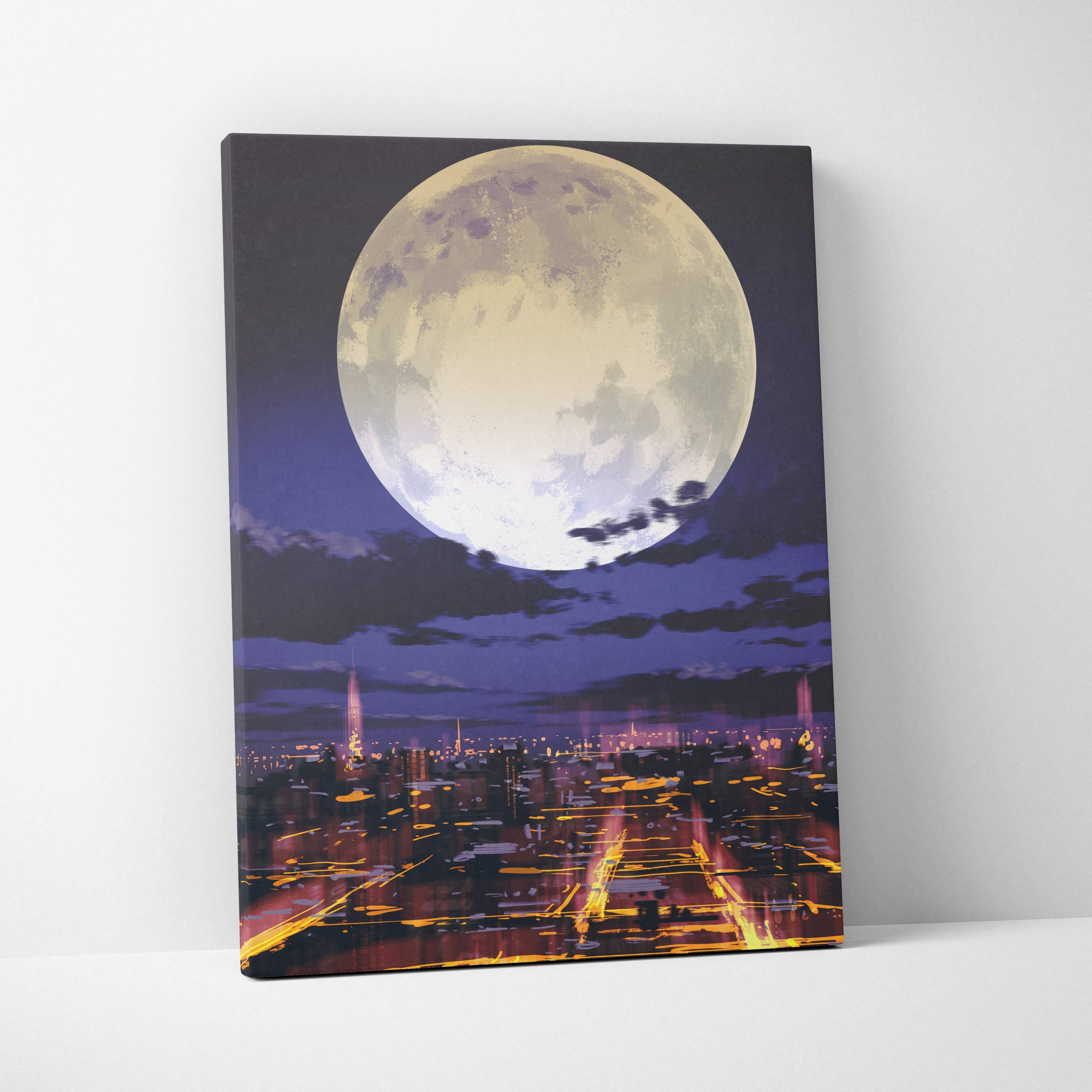 A vibrant anime-style canvas print featuring a glowing cityscape and luminous full moon in neon cyberpunk colors