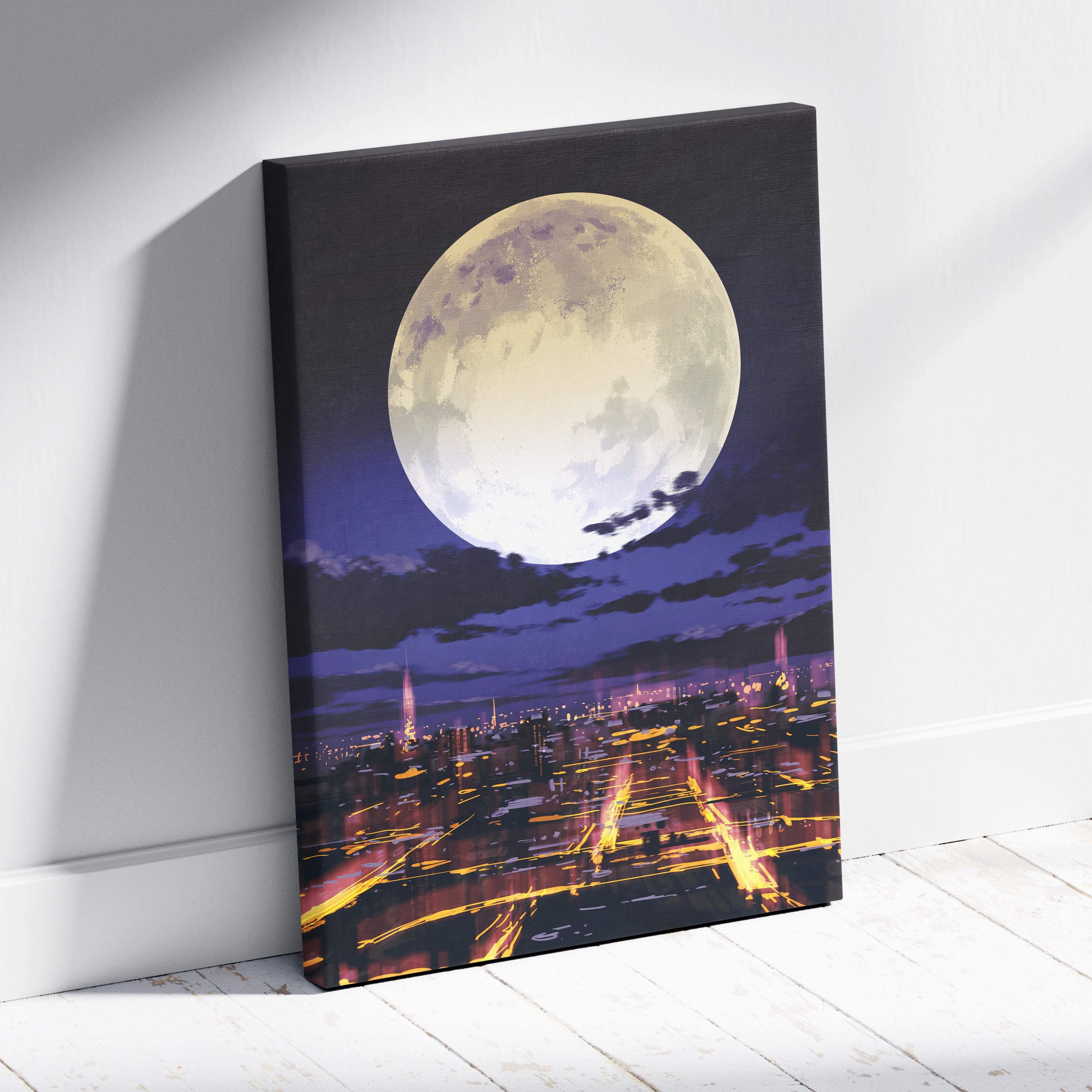 A vibrant canvas print of a glowing full moon over a neon-lit cyberpunk cityscape at night for wall decor