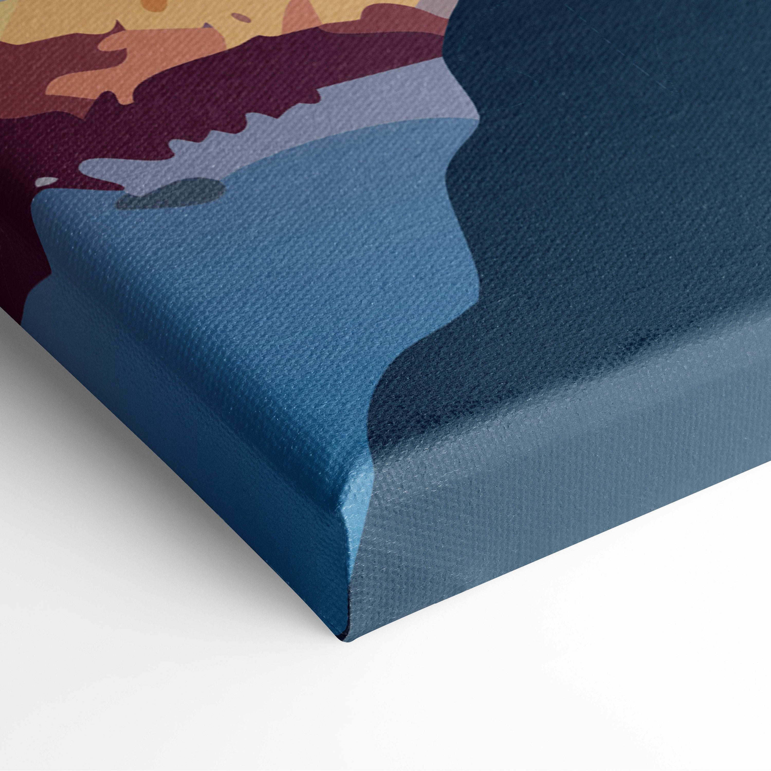 Blue canvas art with textured surface featuring mount fuji pagoda abstract landscape for living room decor