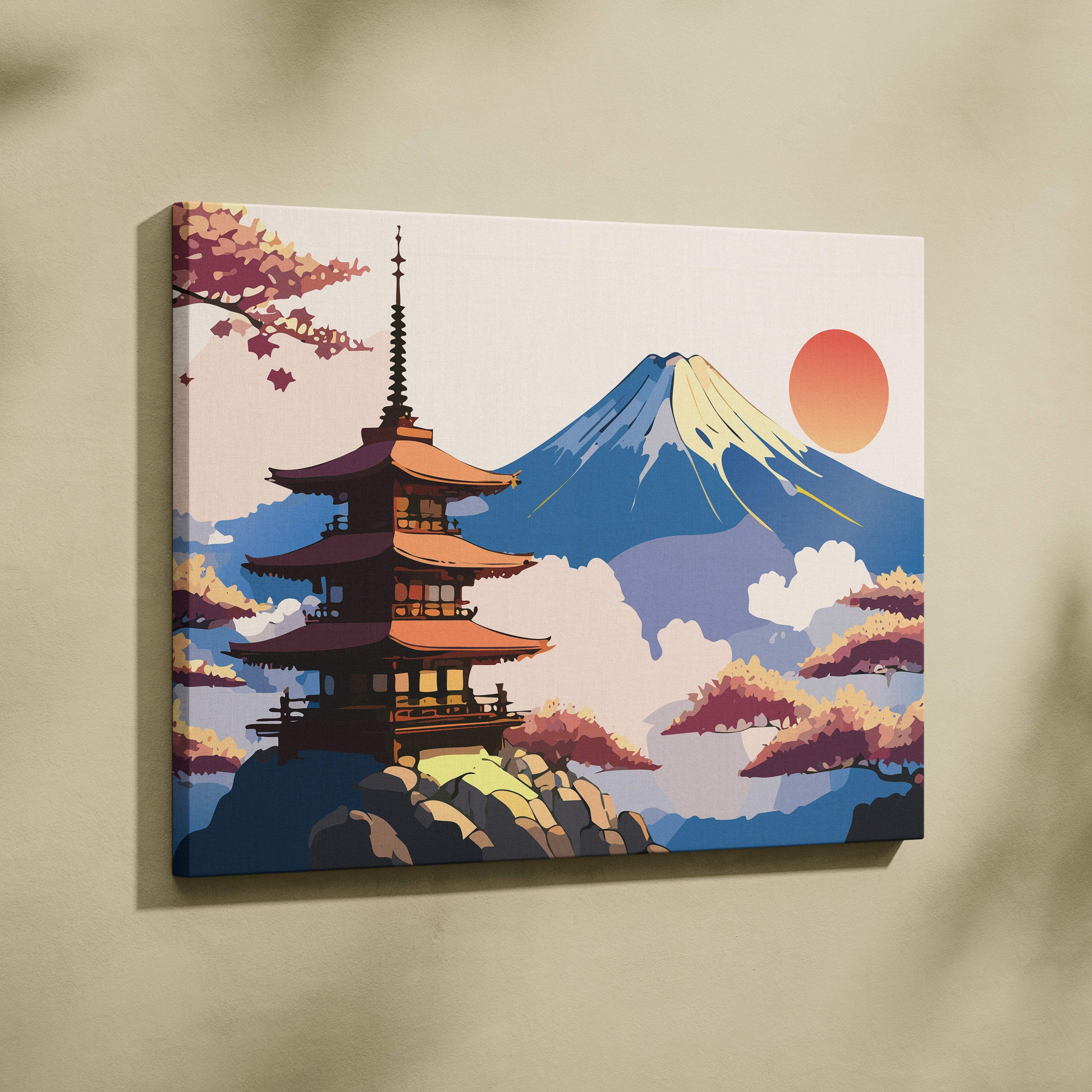 Mount fuji pagoda canvas wall art vibrant blue peach Japanese vector print with cherry blossoms and rocky terrain