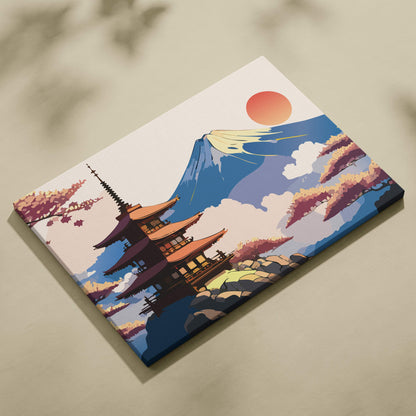 Rectangular canvas print of mount fuji with cherry blossoms pagoda and orange sun in soft pastel sky for wall decor