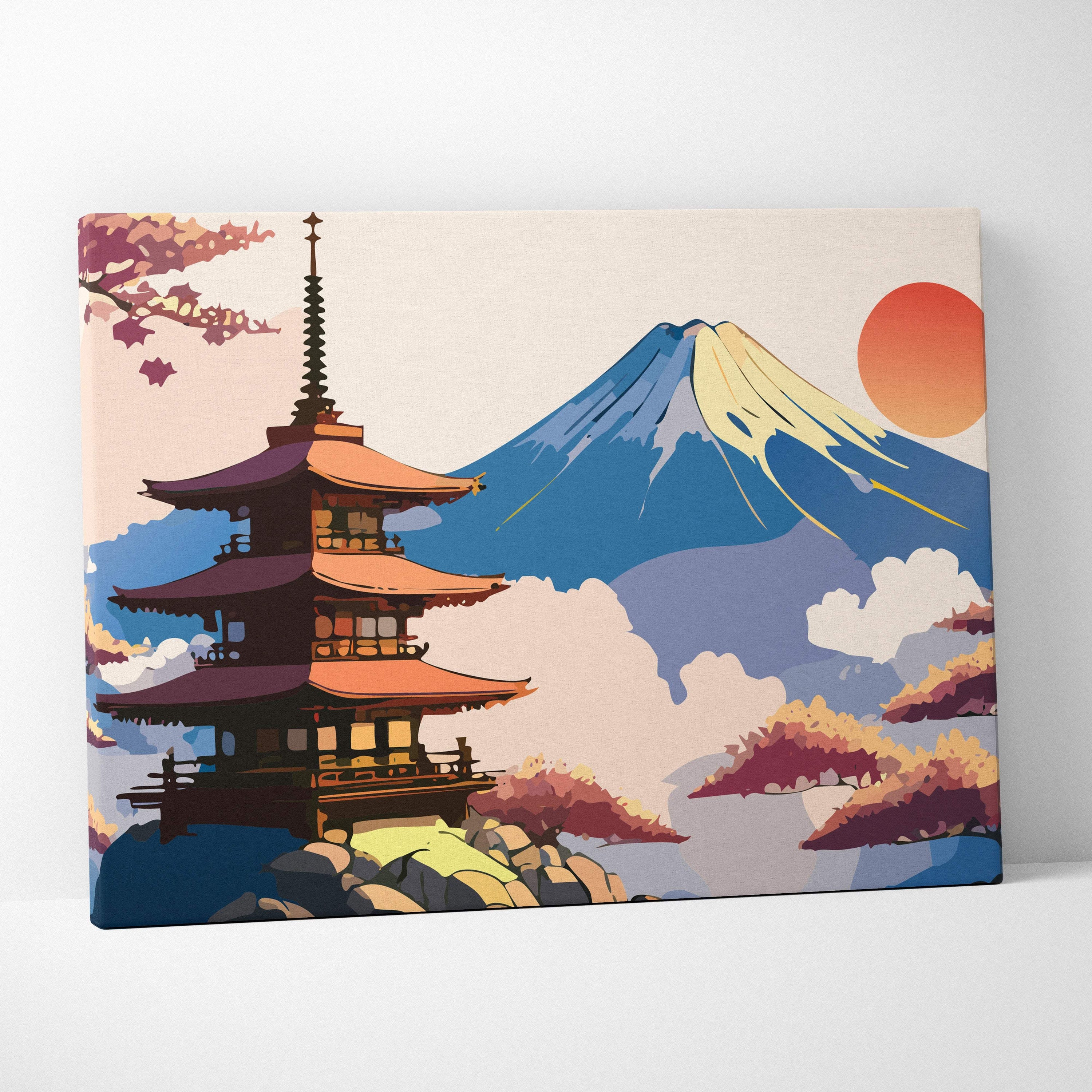 Mount Fuji pagoda canvas wall art with tiered orange roofs and cherry blossoms in blue peach vector style decor