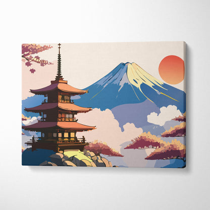 Mount fuji pagoda canvas wall art with orange roofs and purple accents against blue mount fuji and warm orange sun