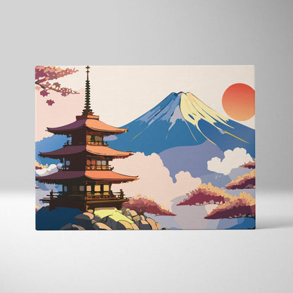 Rectangular canvas wall art featuring a stylized mount fuji and japanese pagoda with autumn trees and soft gradient sky