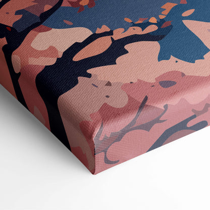 Mount fuji pagoda canvas wall art with abstract pink peach and navy blue camouflage pattern for living room decor