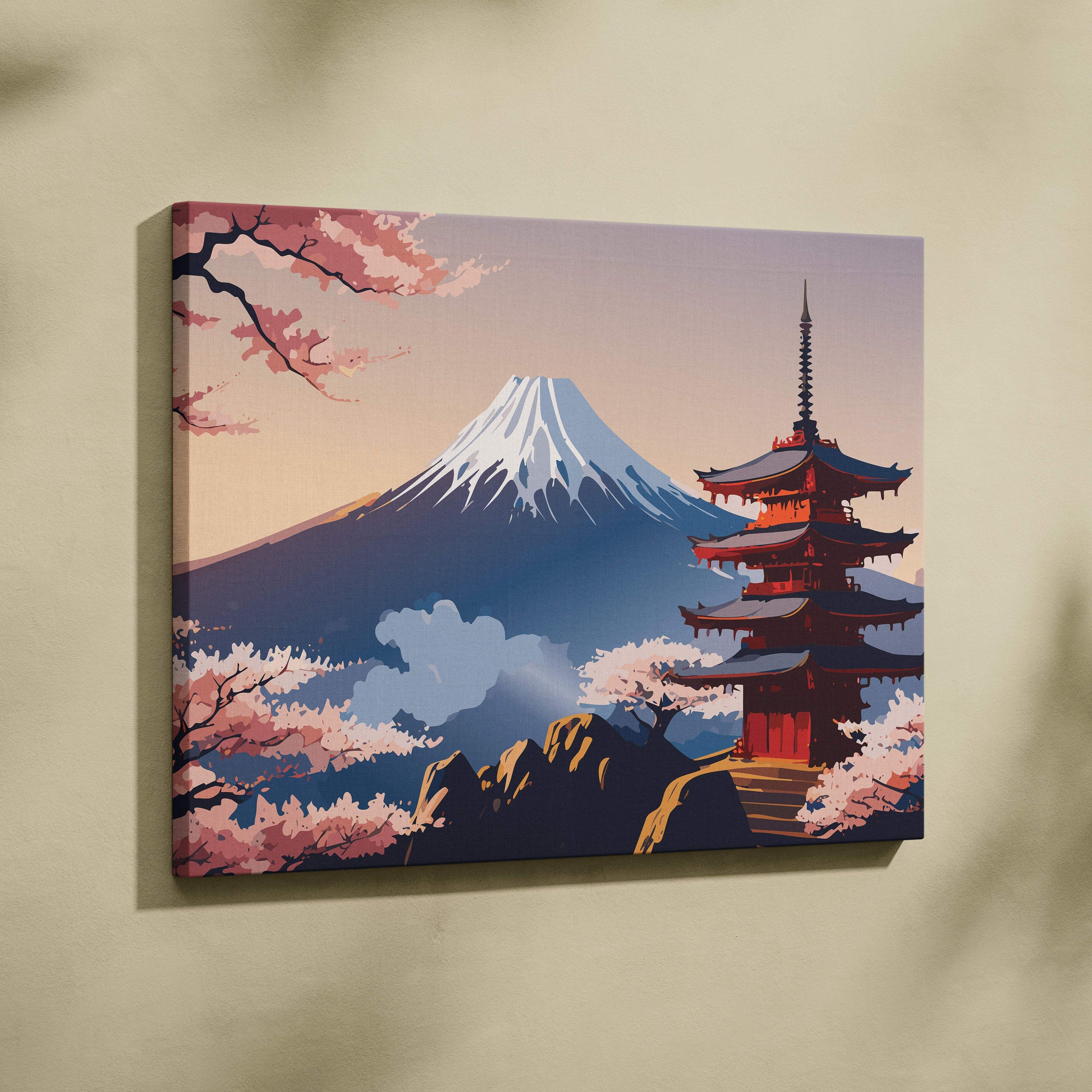 Vibrant mount fuji pagoda canvas wall art with blue pink stylized colors on stretched fabric featuring cherry blossoms