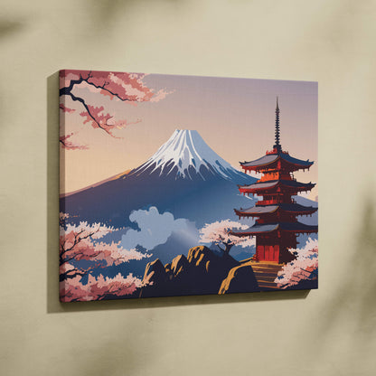 Vibrant mount fuji pagoda canvas wall art with blue pink stylized colors on stretched fabric featuring cherry blossoms