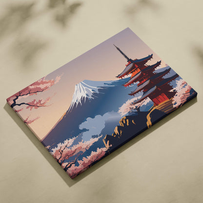 Rectangular canvas print of mount fuji pagoda with cherry blossoms in soft pastel blue pink tones for wall decor