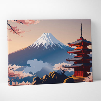 Mount Fuji pagoda canvas wall art with blue pink Japanese vector painting and cherry blossom landscape decor