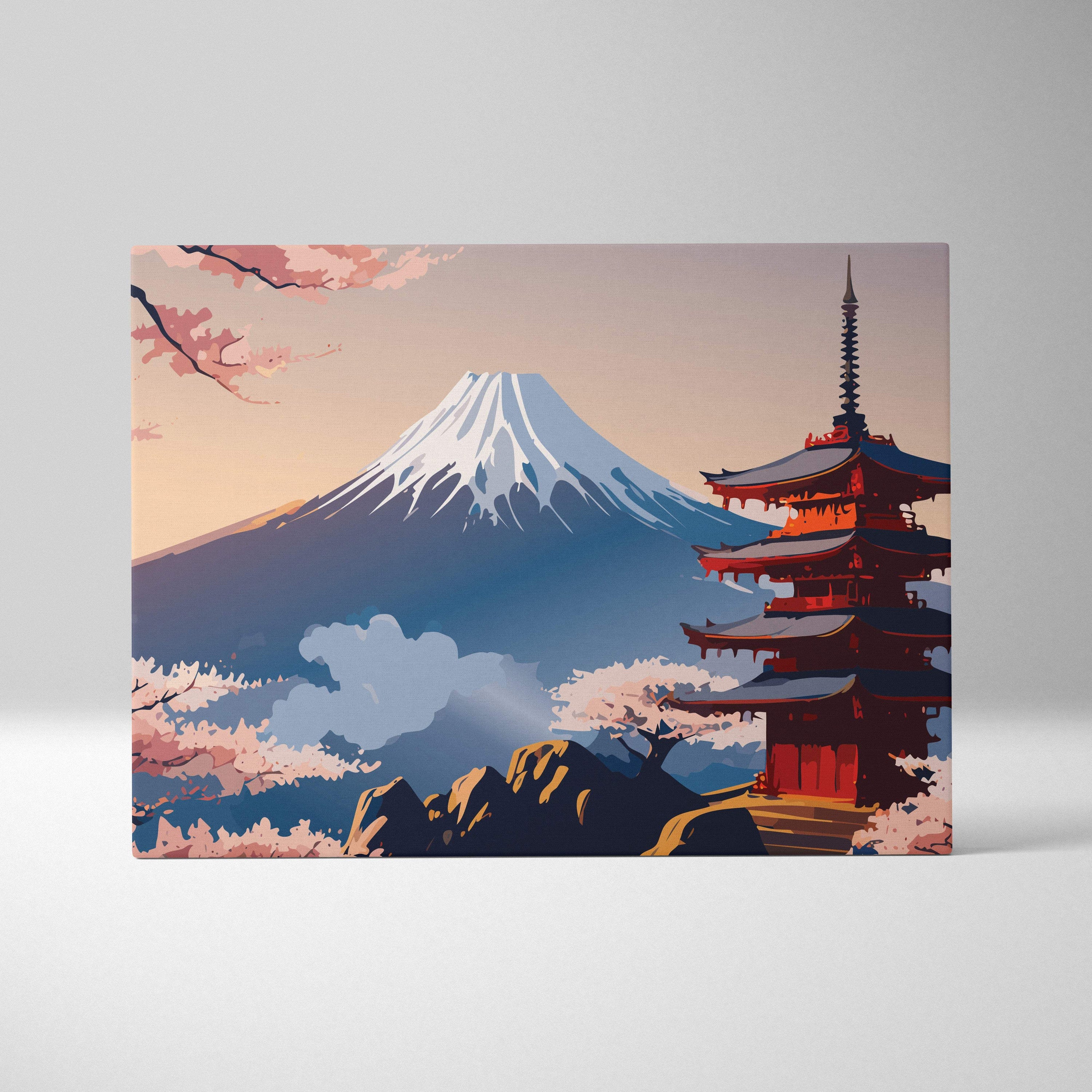 Rectangular canvas print of mount fuji with snow caps pink cherry blossoms and red pagoda in pastel sky decor