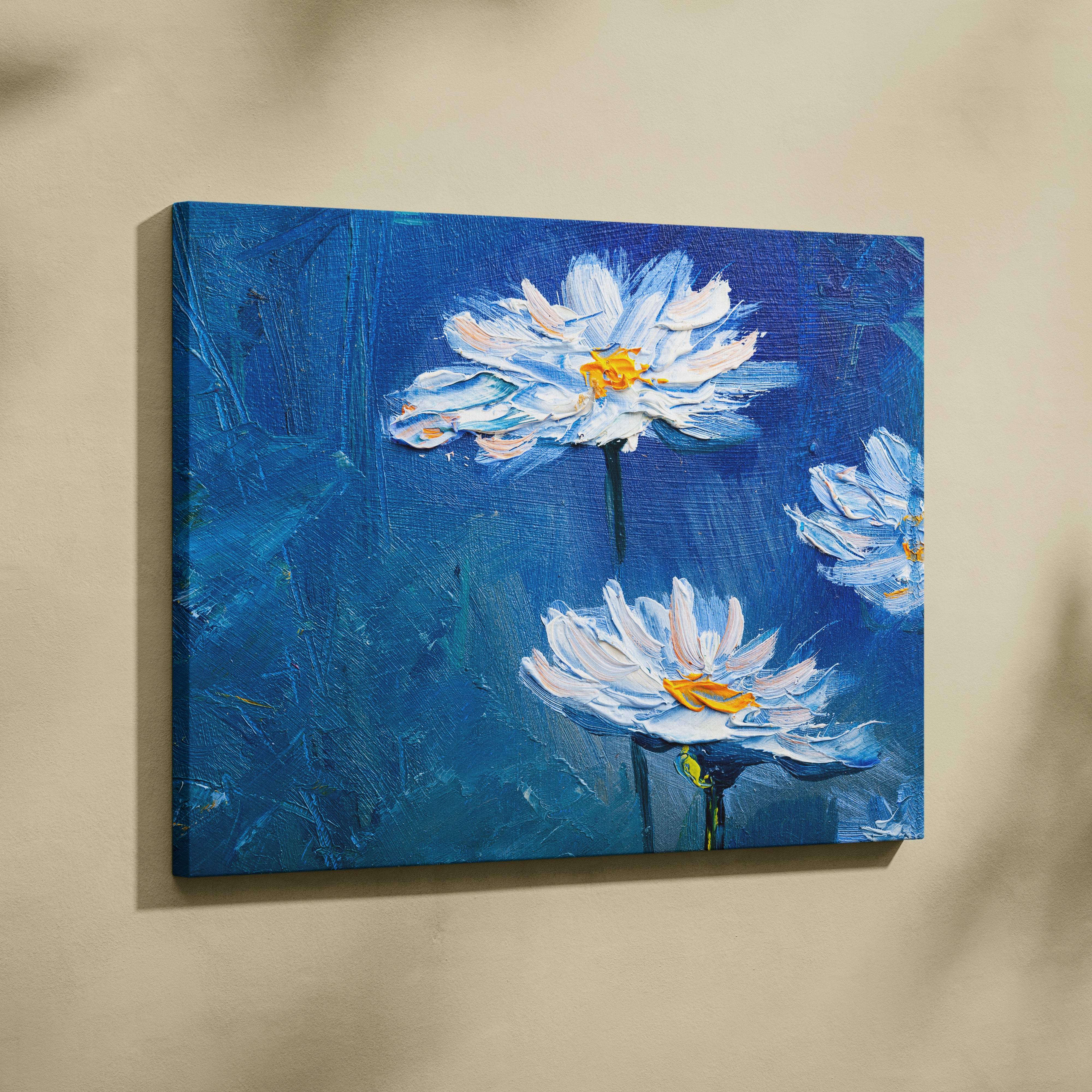 White daisy flower painting style wall art featuring textured brushstrokes on a blue canvas background