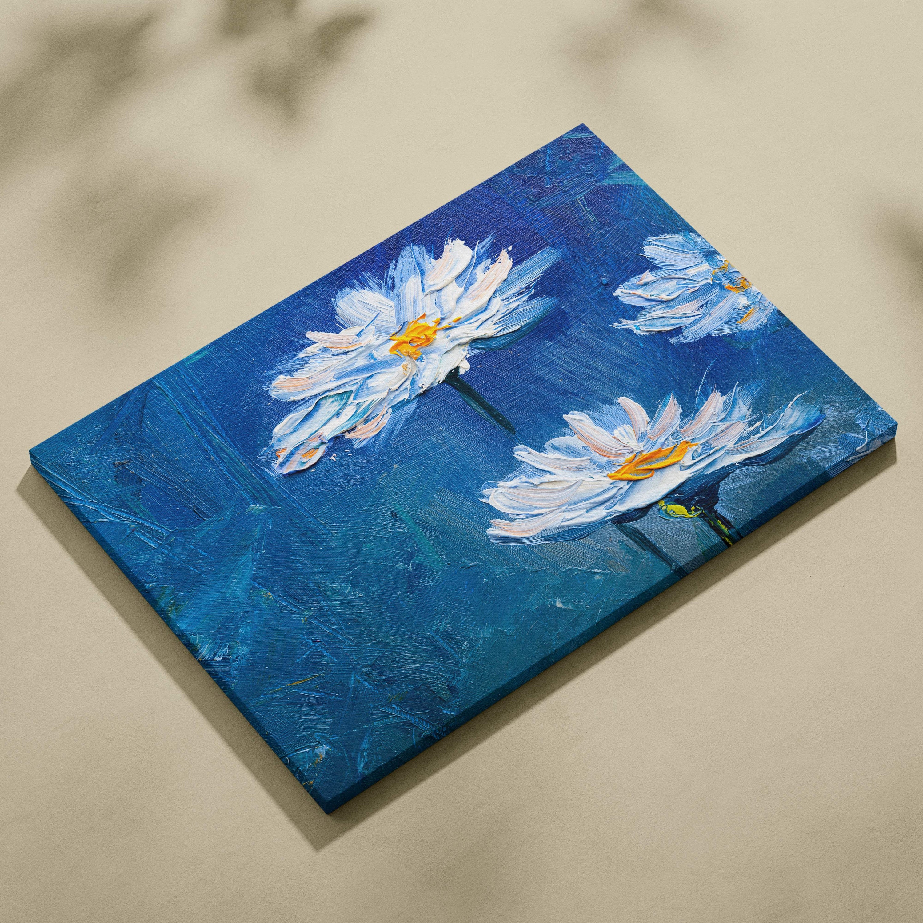 White daisy flower painting on blue textured canvas with bold palette knife acrylic floral in modern impressionist style