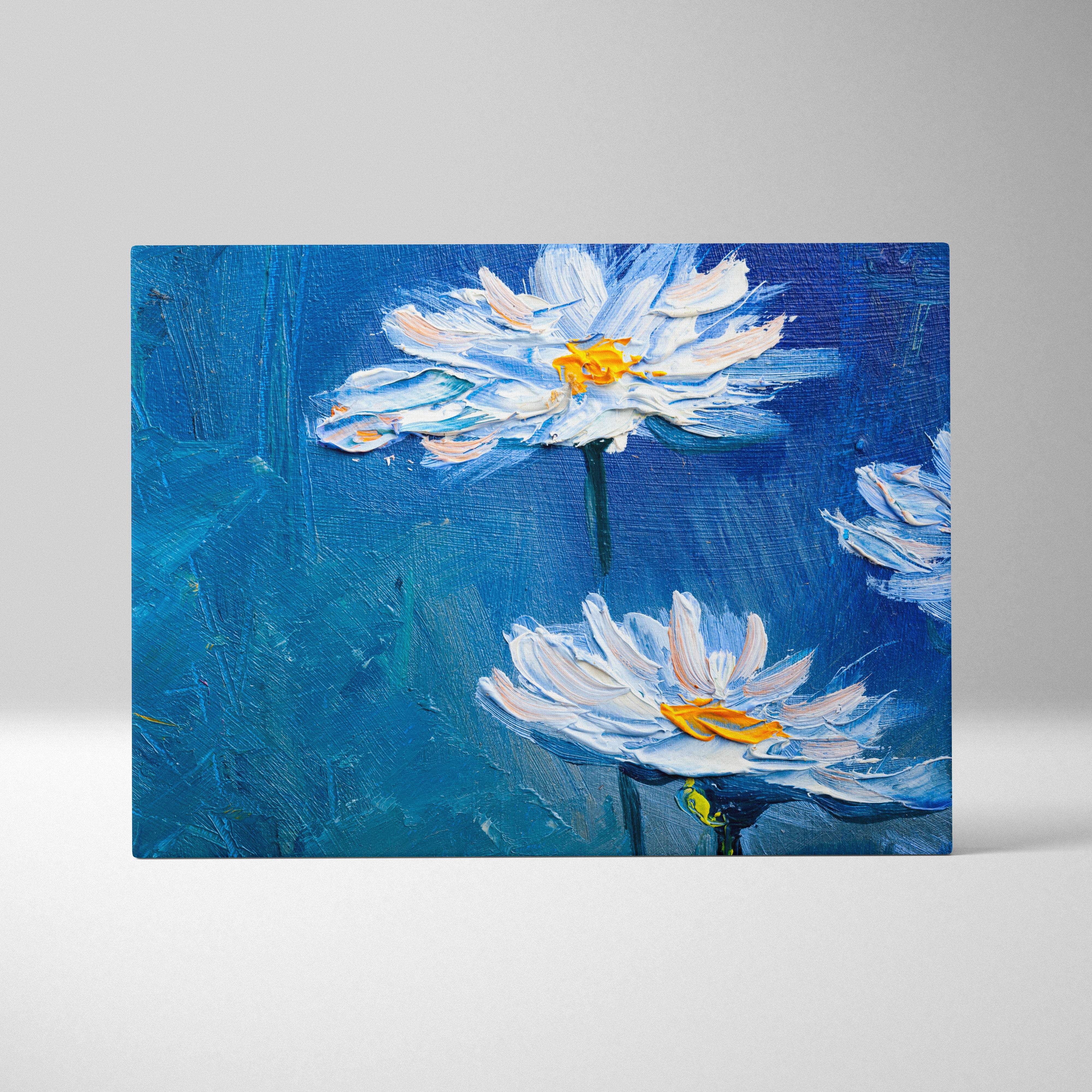 White daisy flower painting on blue textured canvas with bold palette knife floral in modern impressionist style