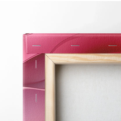 Close-up of vibrant pink abstract digital art canvas corner with natural wood frame detail, wall art decor.