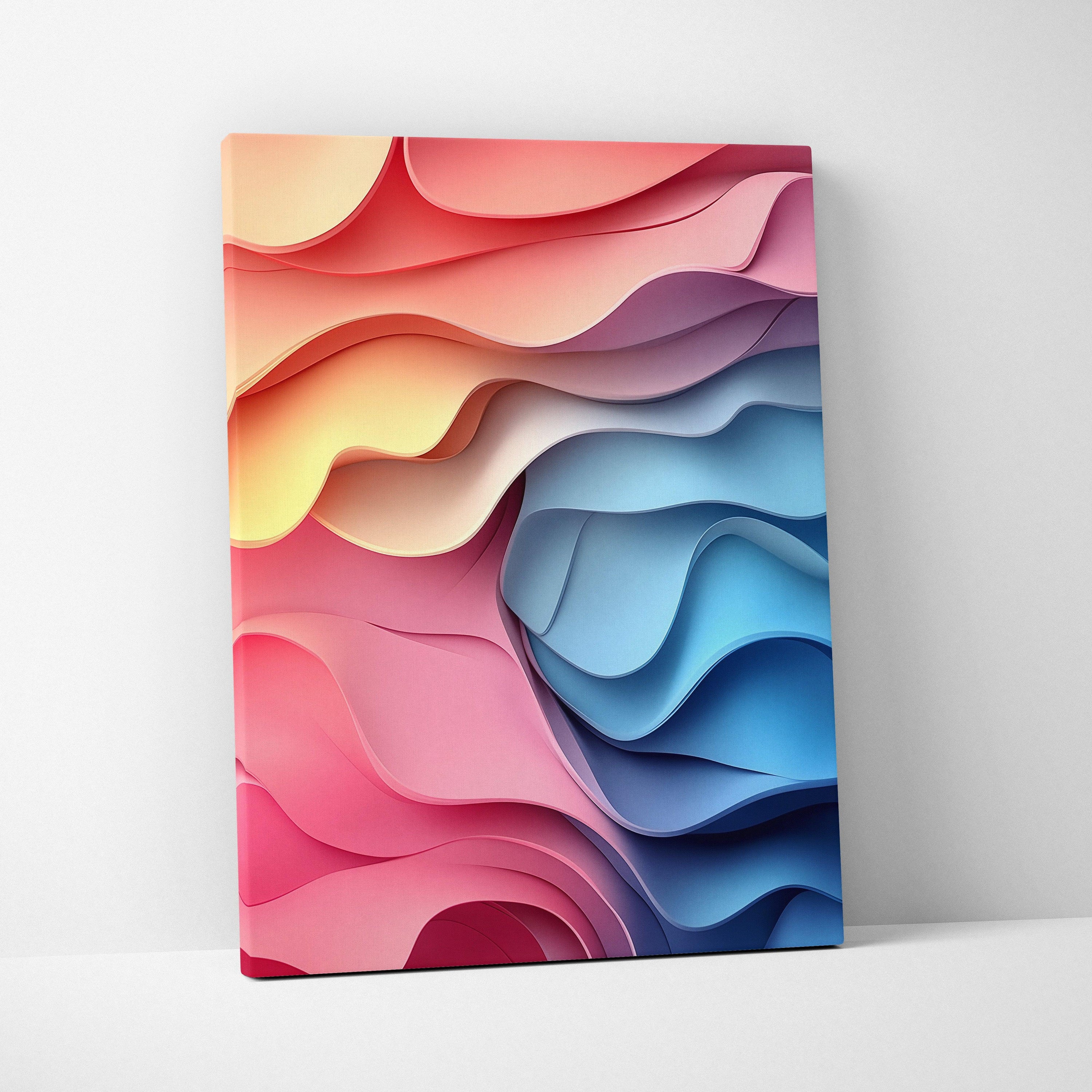 Colorful abstract digital art on vertical canvas with layered wave-like patterns, vibrant wall art.