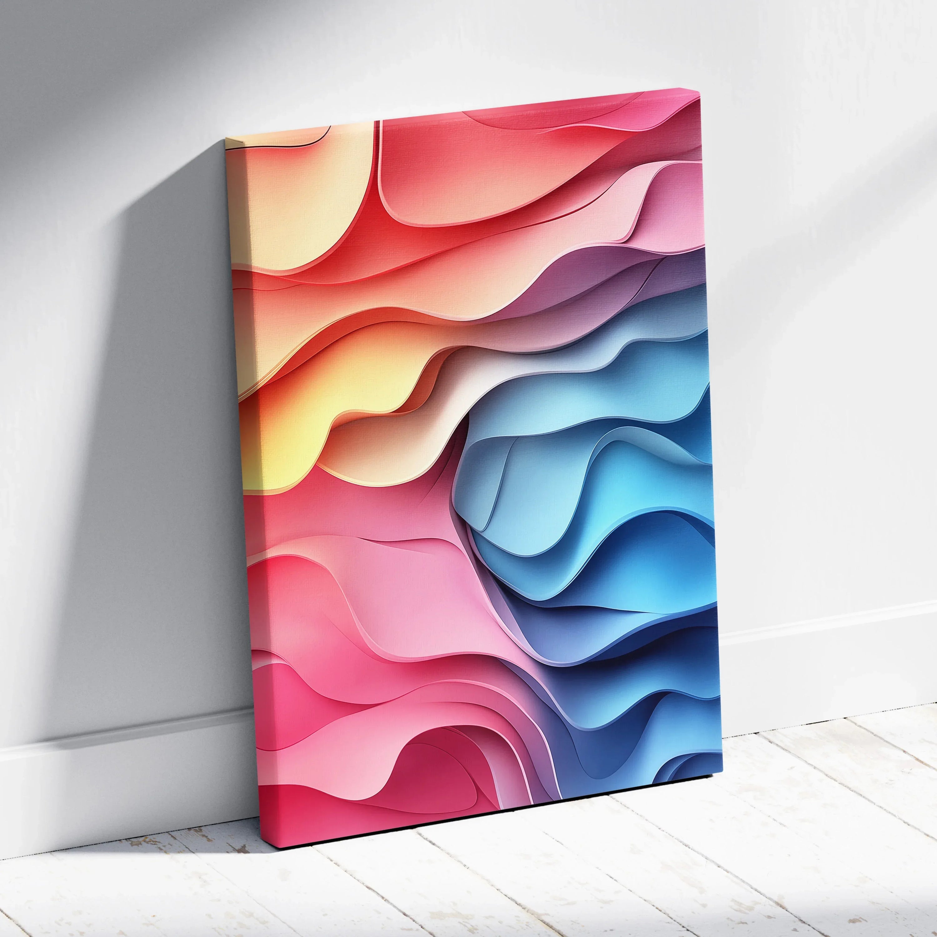 Colorful abstract layered design on vertical canvas wall art with smooth flowing shapes.