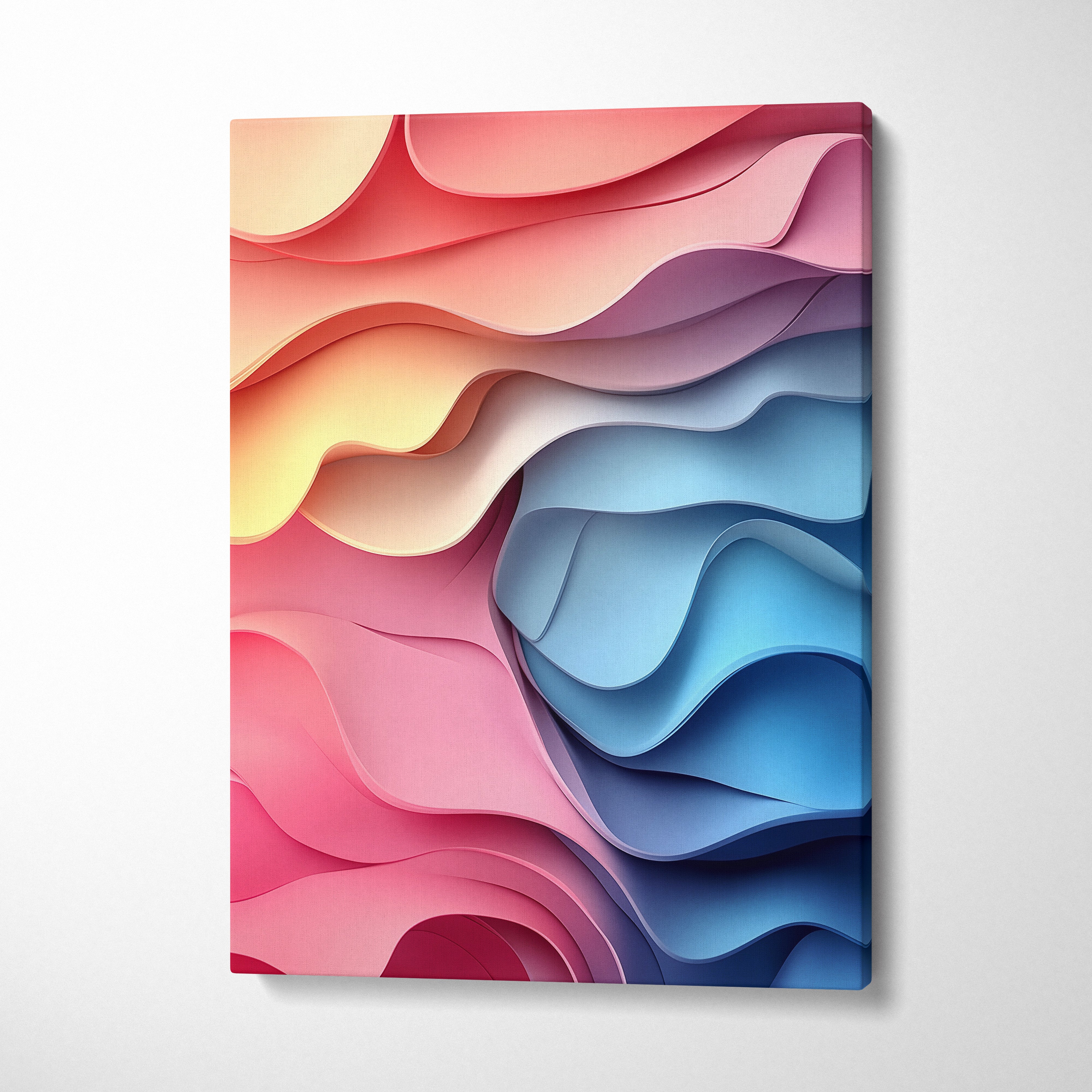 Vibrant abstract digital canvas wall art with flowing layered shapes in red, pink, purple, and blue tones.