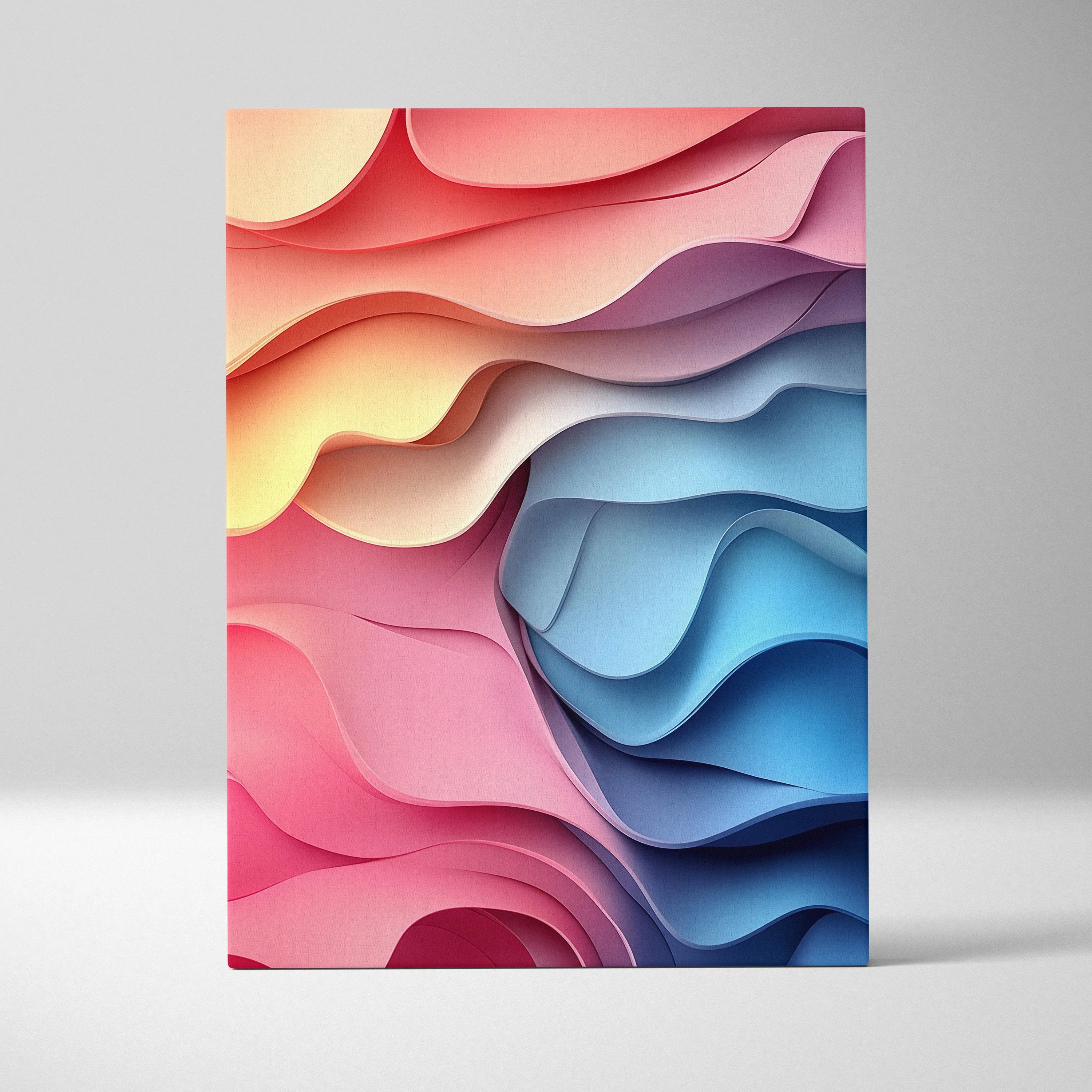 Vibrant abstract digital canvas wall art with layered, flowing shapes in red, pink, purple, and blue tones.