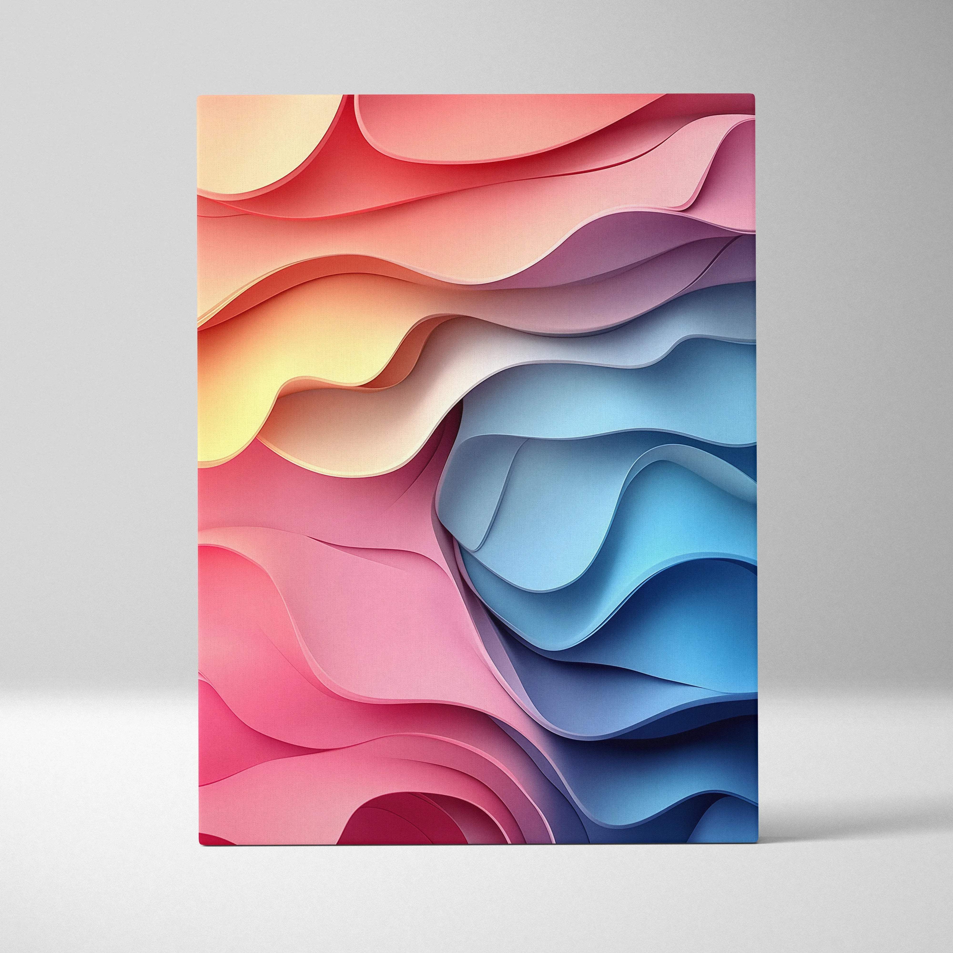 A vibrant abstract layered wave canvas wall art featuring warm pinks and oranges transitioning to cool blues