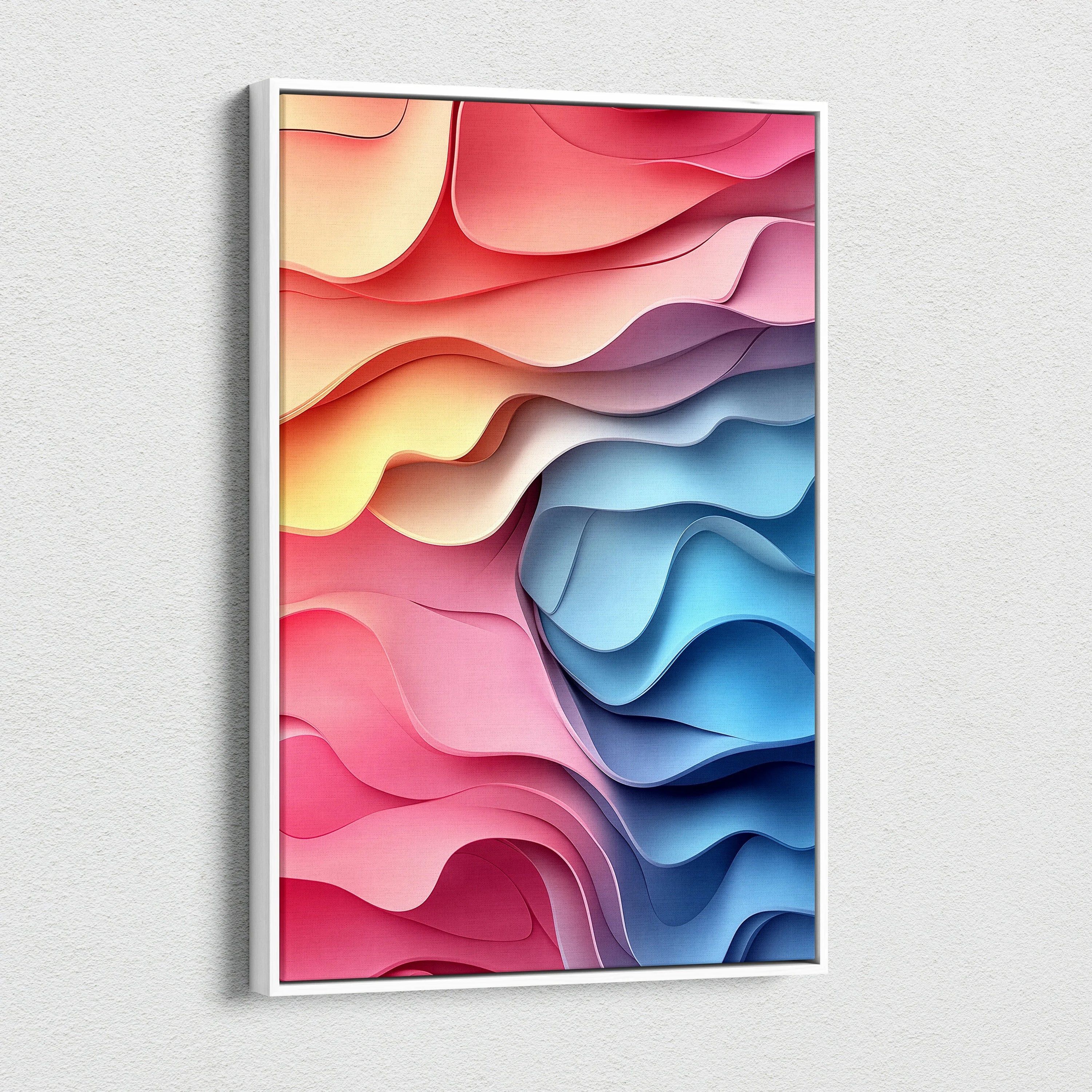 Vibrant abstract digital canvas wall art with flowing red, pink, purple, and blue waves.