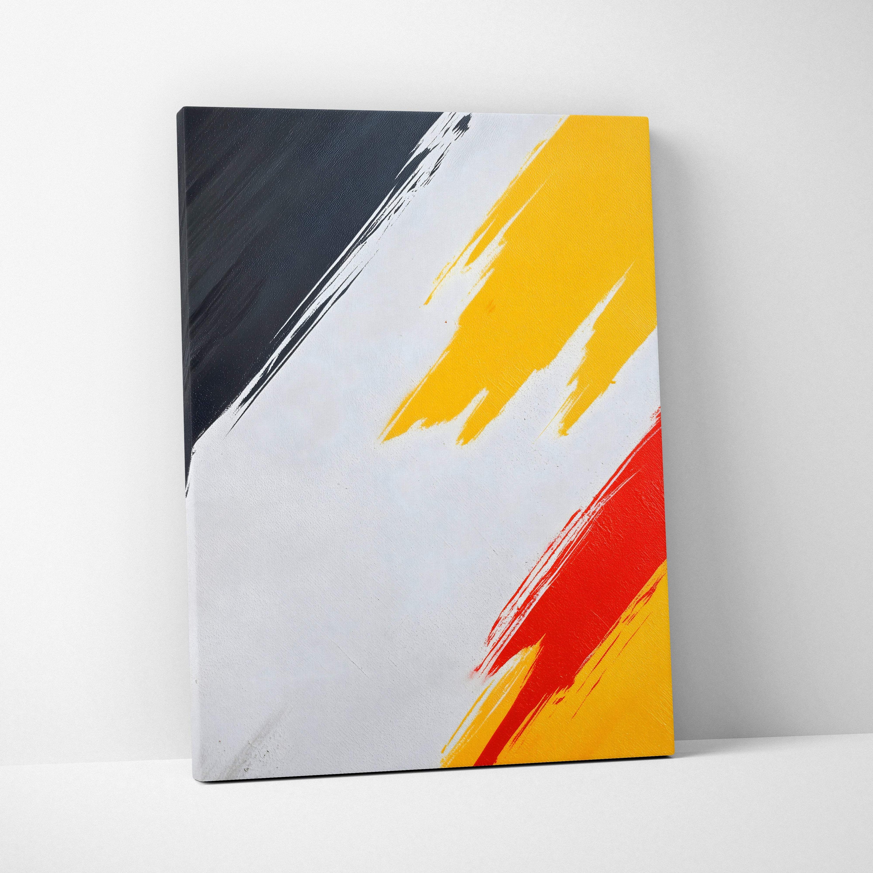 Abstract canvas wall art painting with bold diagonal black yellow and red brushstrokes on white background for modern decor