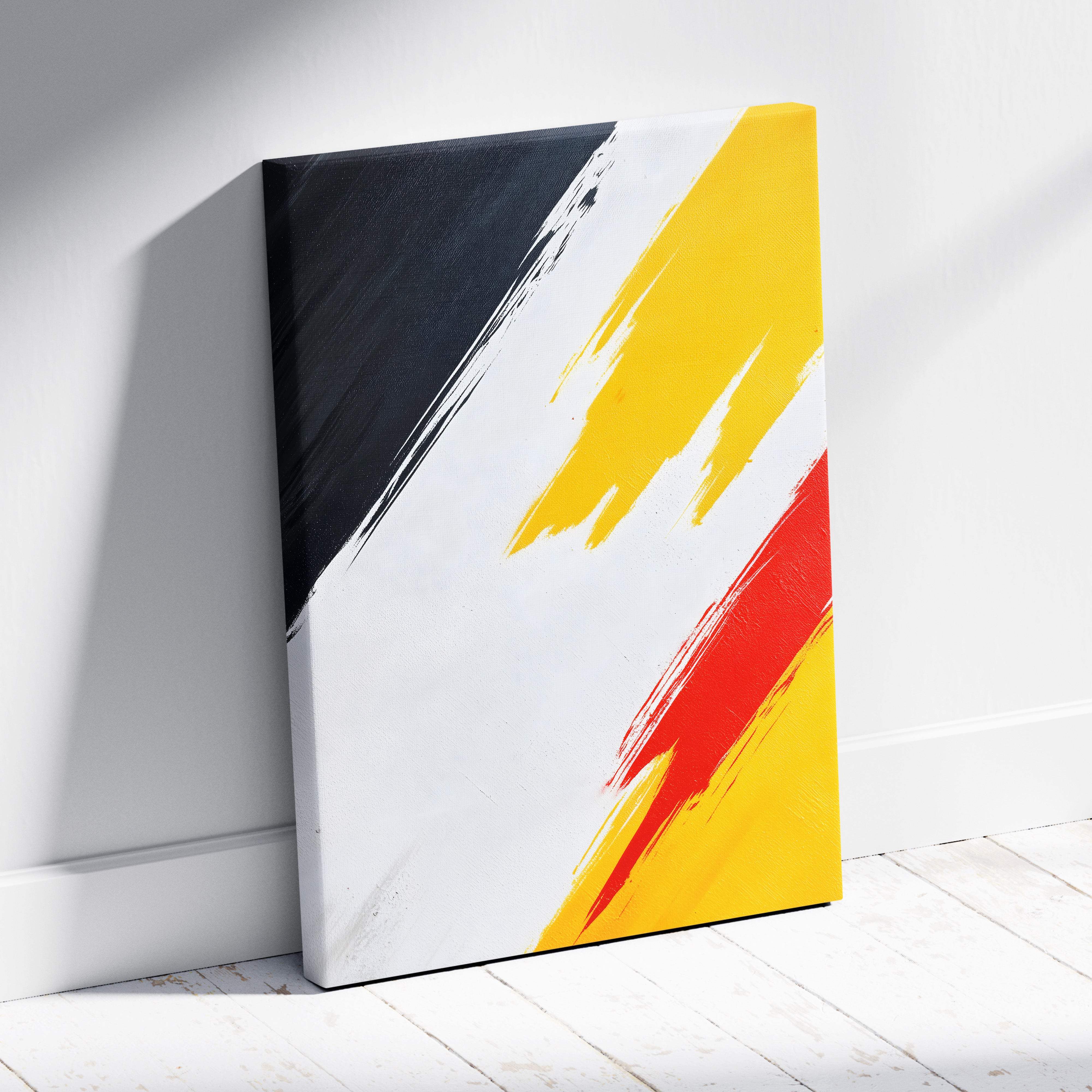 A modern abstract canvas wall art with bold diagonal black white yellow and red brushstrokes on stretched fabric