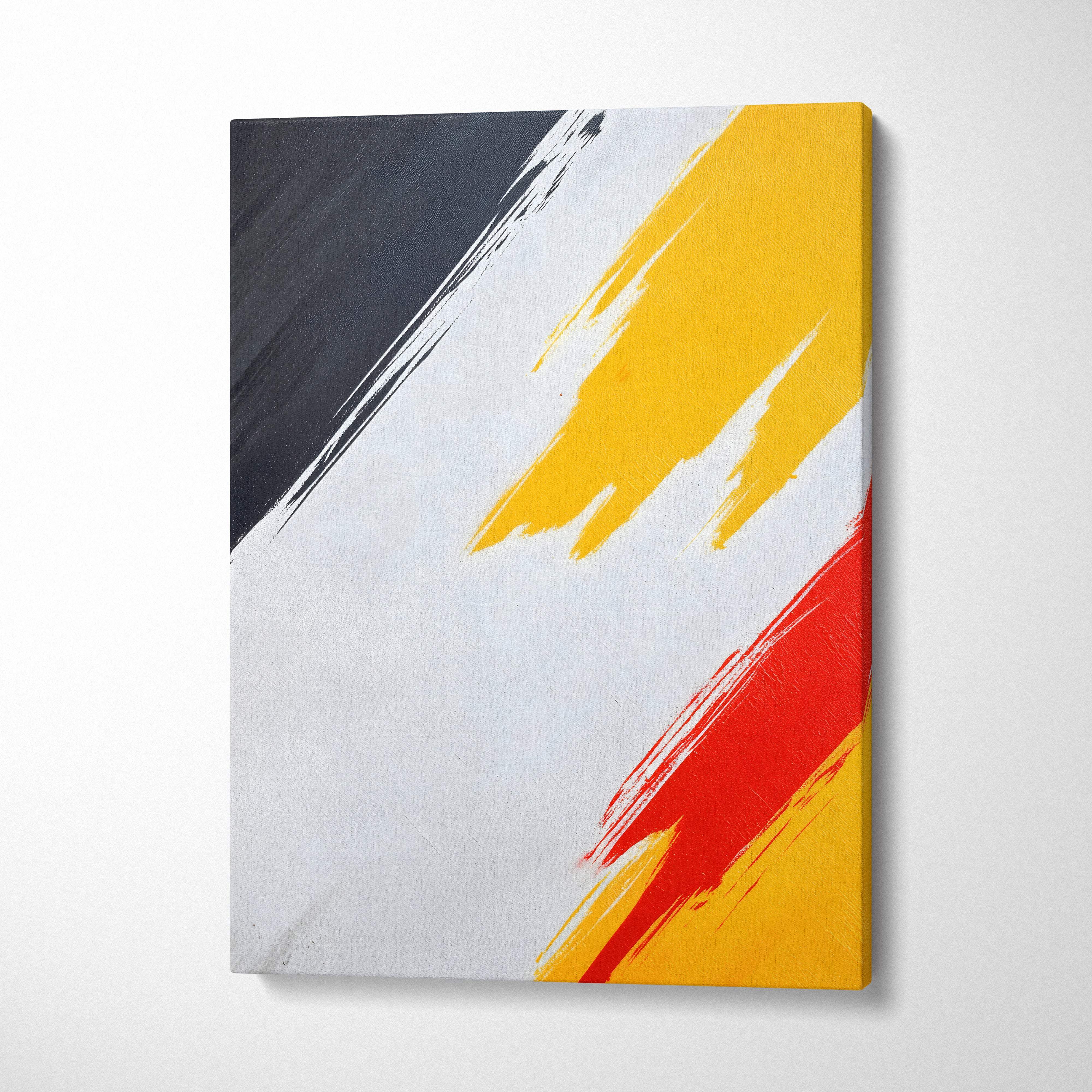 Abstract canvas wall art with bold black yellow and red diagonal brushstrokes on white for modern minimalist decor