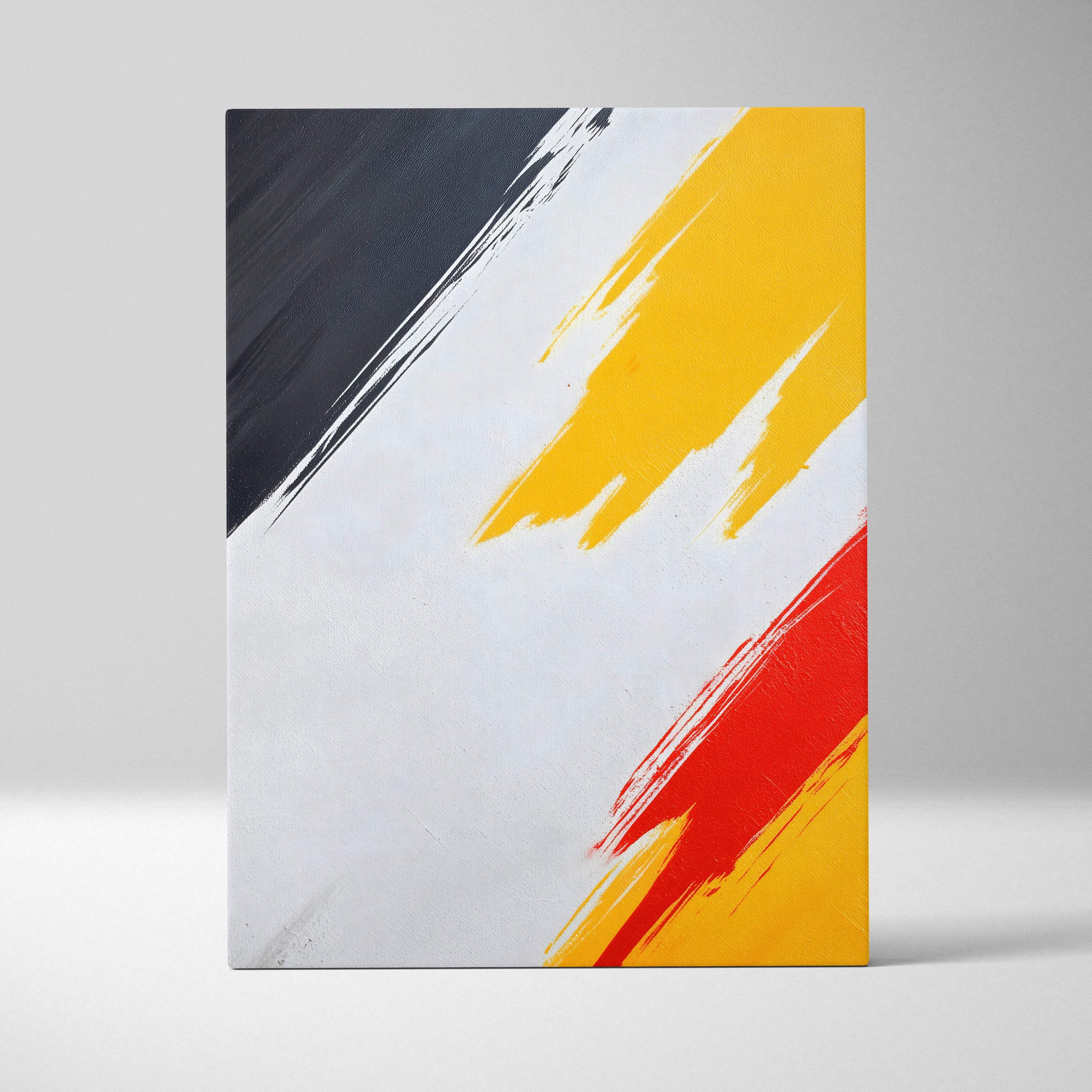 Abstract canvas wall art painting with bold diagonal black white yellow and red brushstrokes for modern decor