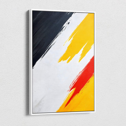 A modern abstract canvas wall art painting with bold diagonal black white yellow and red brushstrokes in a white frame