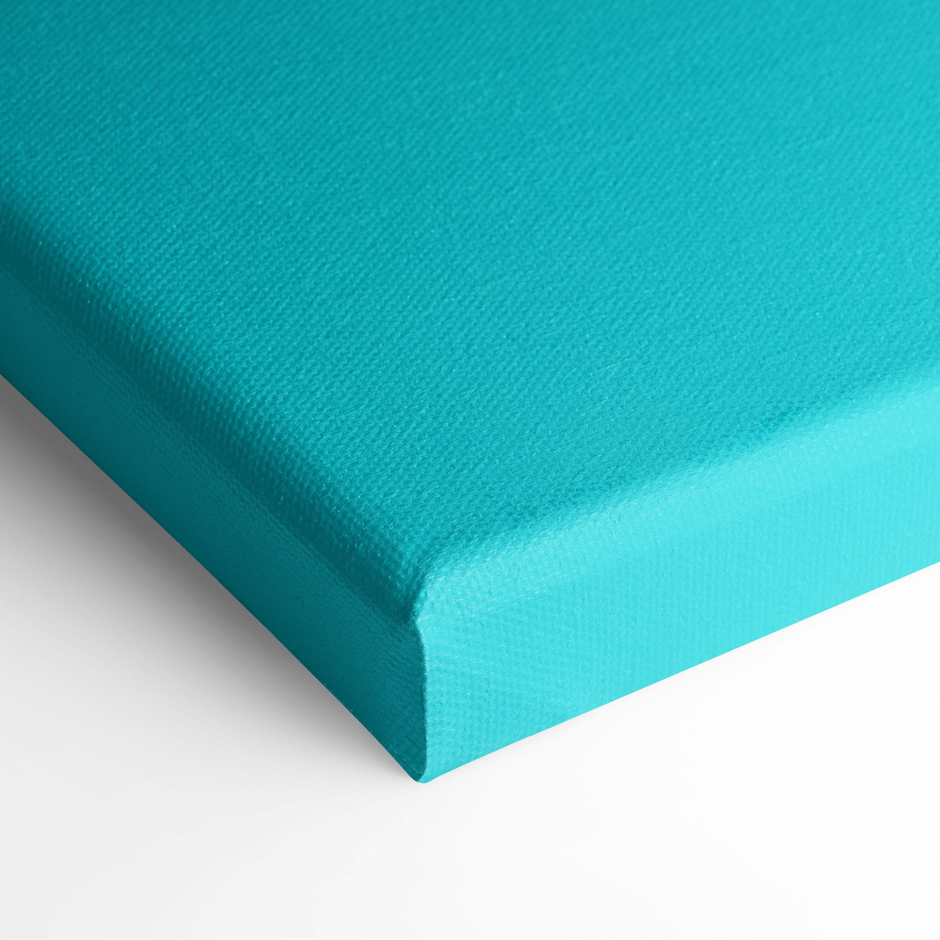 A vibrant teal tropical island pixel art canvas print with a textured woven surface and neatly finished edges