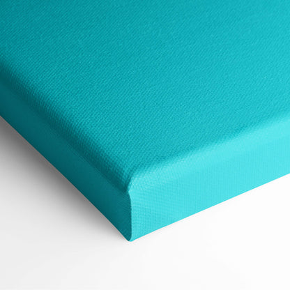 A vibrant teal tropical island pixel art canvas print with a textured woven surface and neatly finished edges