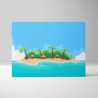 Pixel-art canvas print of a tropical island with palm trees and thatched huts against a bright blue sky