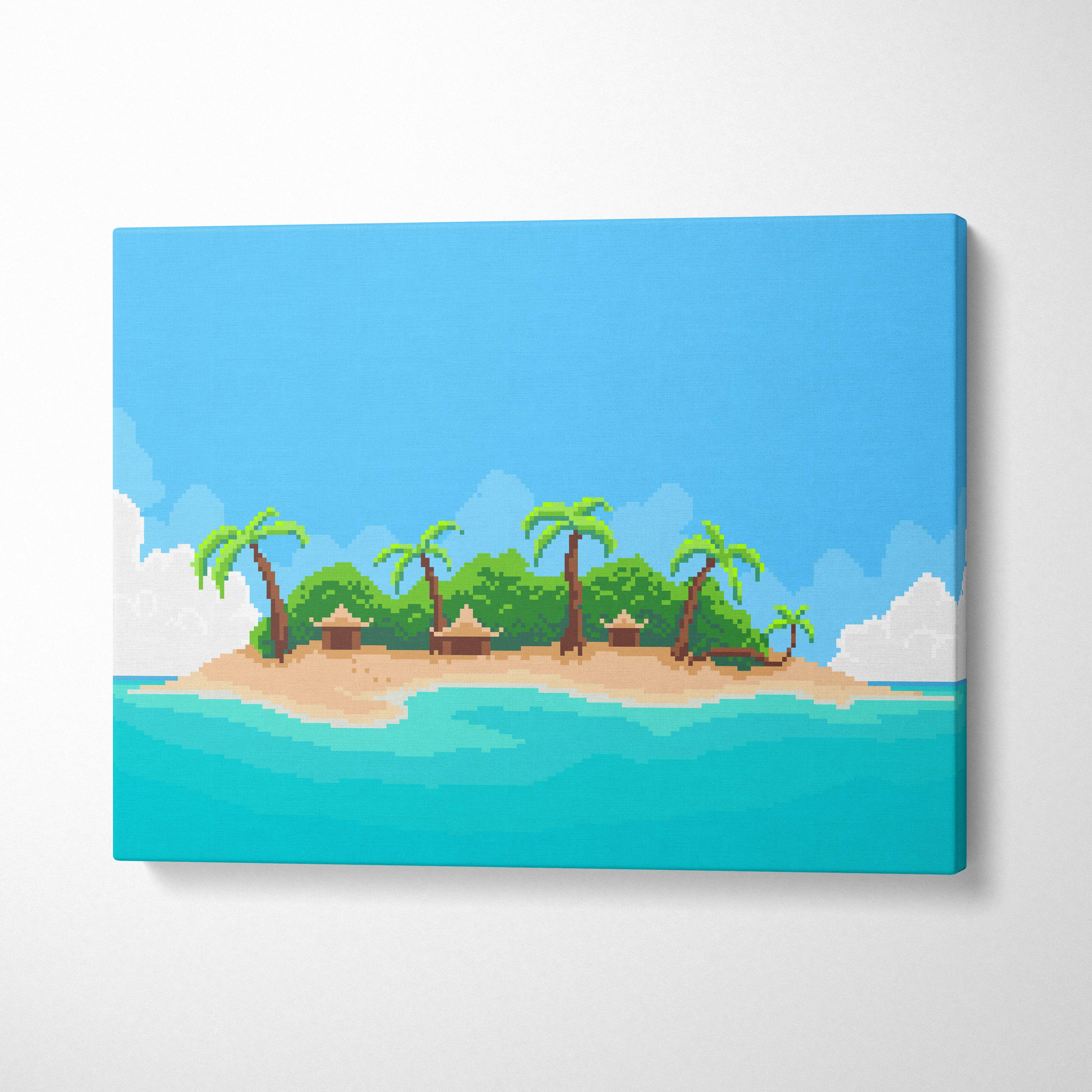 Tropical island pixel art canvas print featuring palm trees and thatched huts by turquoise ocean beach wall art