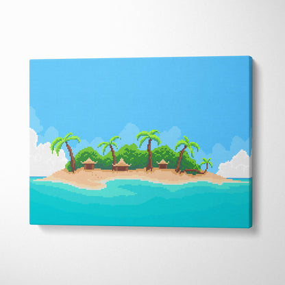 Tropical island pixel art canvas print featuring palm trees and thatched huts by turquoise ocean beach wall art
