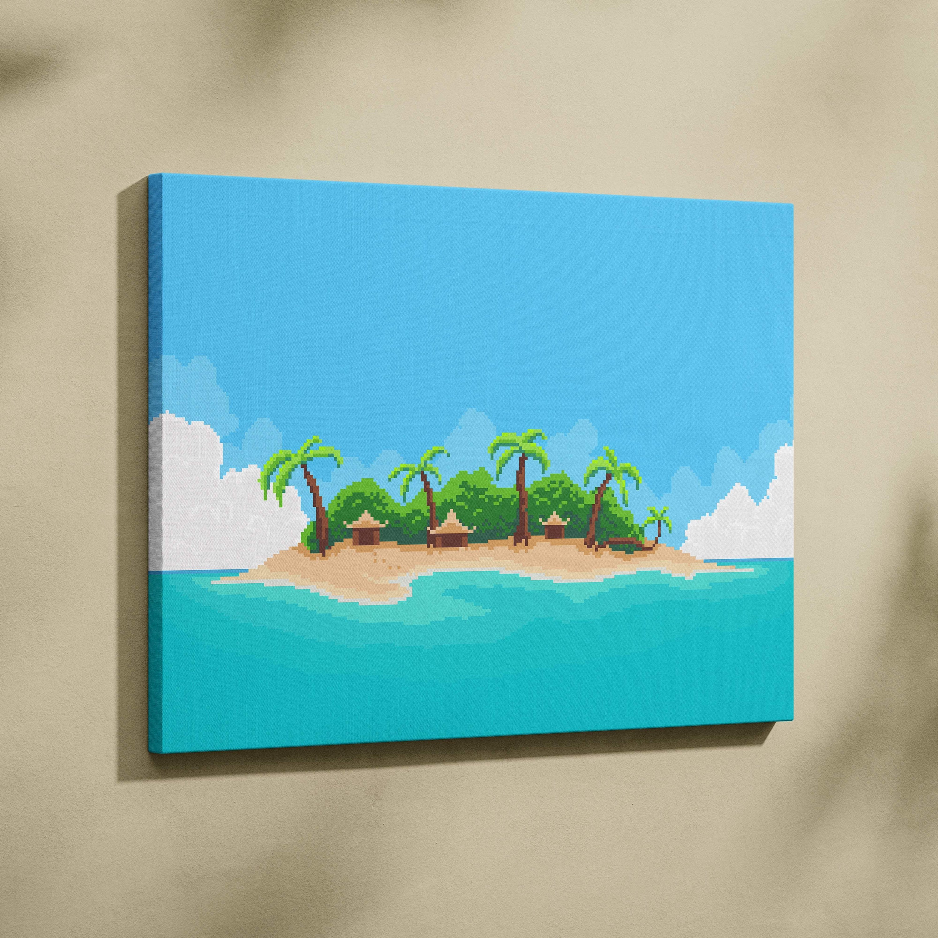 A vibrant pixel art canvas print of a tropical island with palm trees and thatched huts by turquoise ocean waters