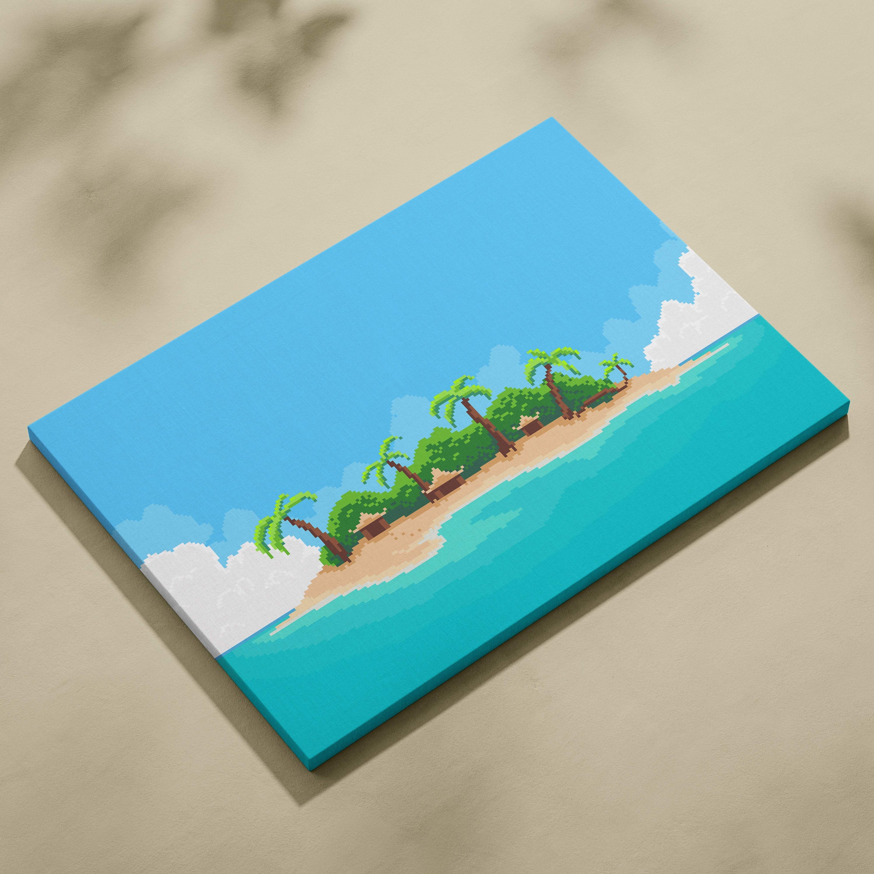 Tropical island pixel art canvas print featuring palm trees and turquoise waters under a bright blue sky