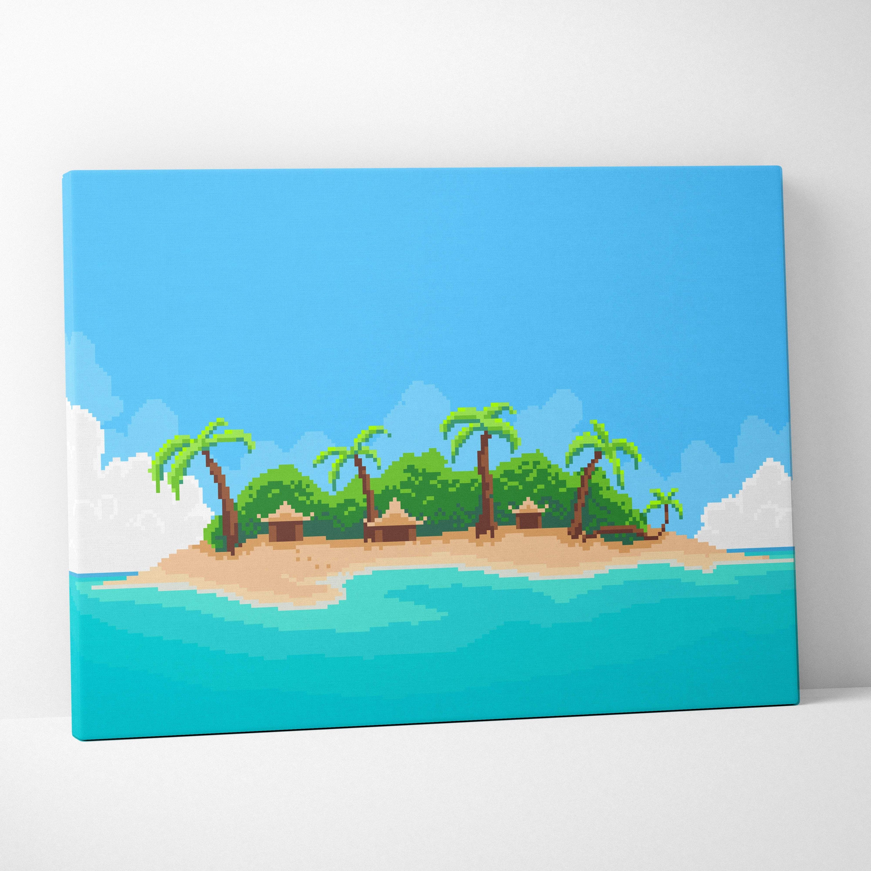 A vibrant tropical island pixel art canvas print with palm trees and thatched huts over turquoise ocean beach wall art