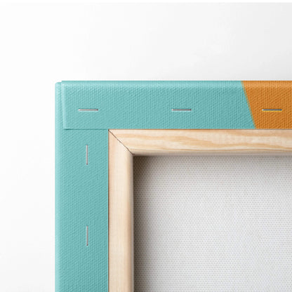 Mid century modern teal orange wavy stripes canvas art in light wood frame