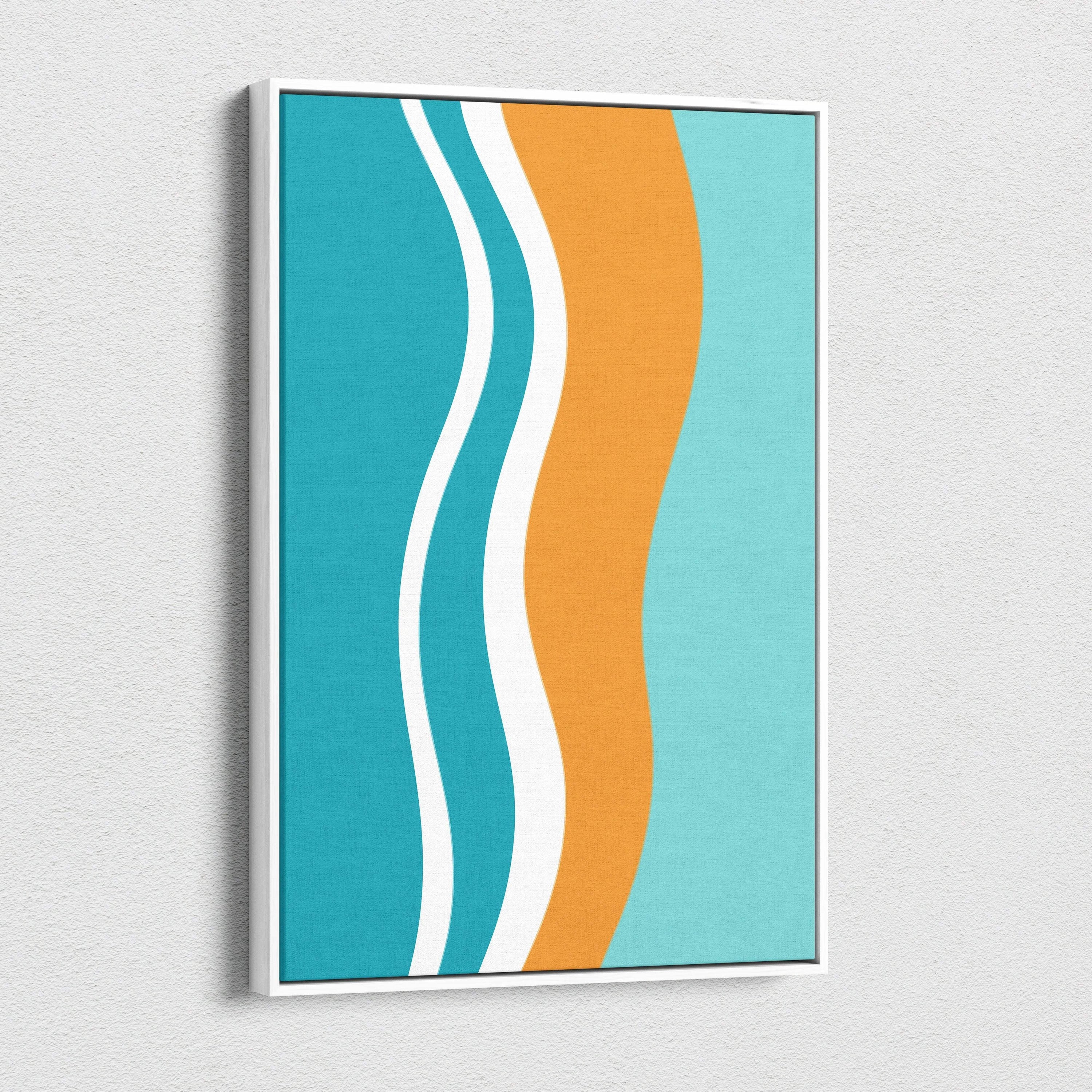 Mid century modern abstract wavy stripes canvas wall art in teal orange white framed