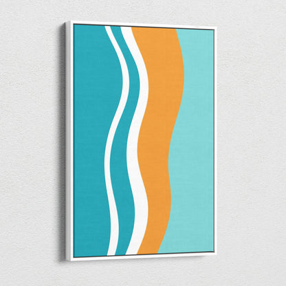 Mid century modern abstract wavy stripes canvas wall art in teal orange white framed