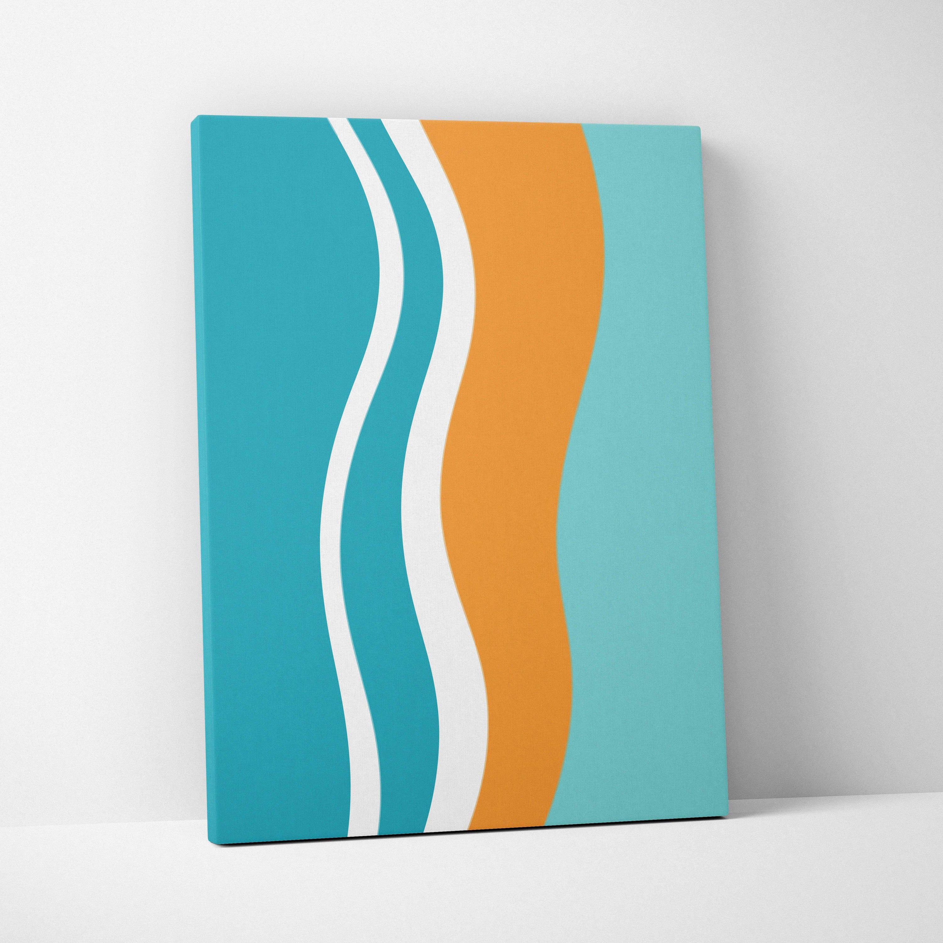 Mid century modern abstract wavy stripes canvas wall art in teal aqua orange white