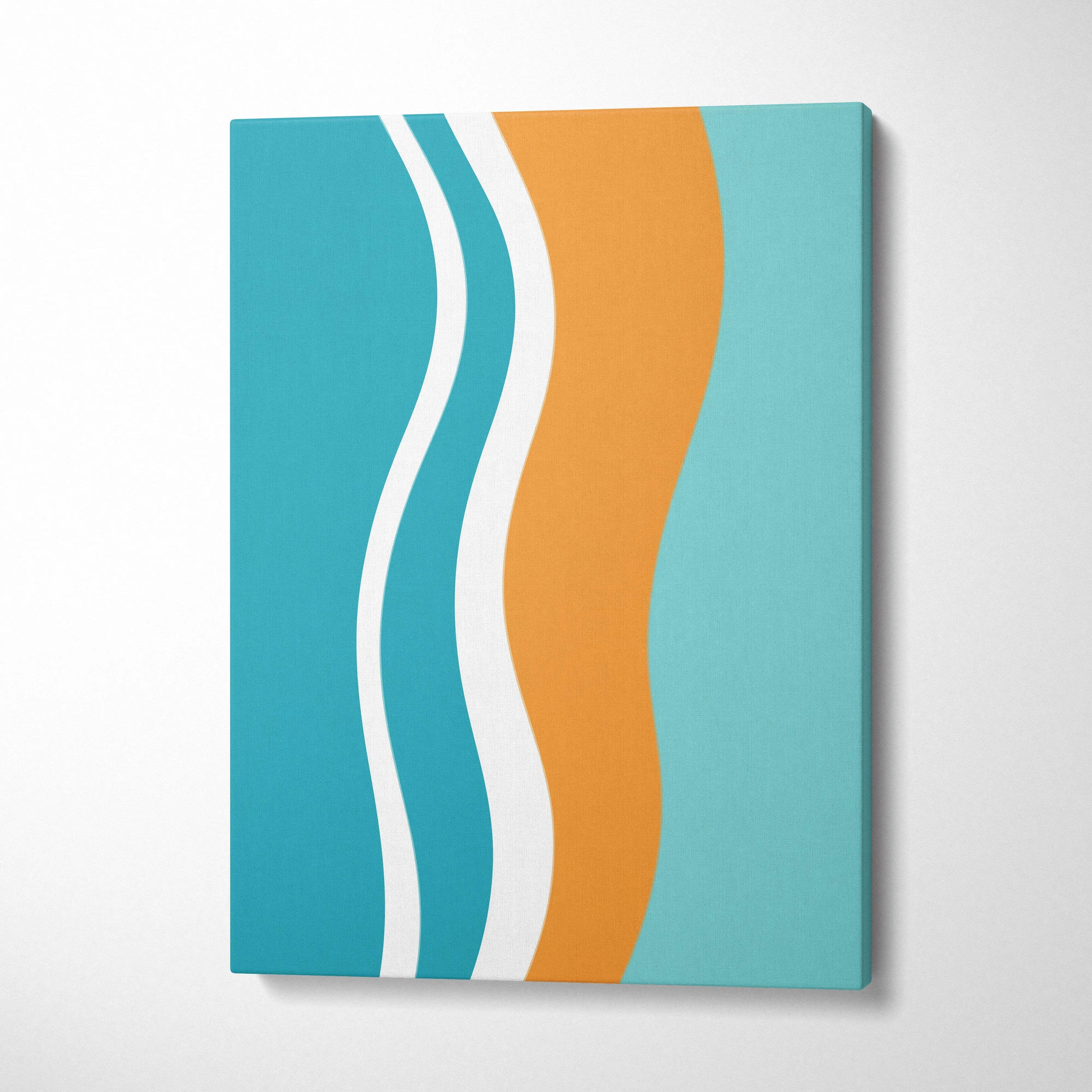 Mid century modern abstract wavy stripes canvas wall art in teal aqua orange white