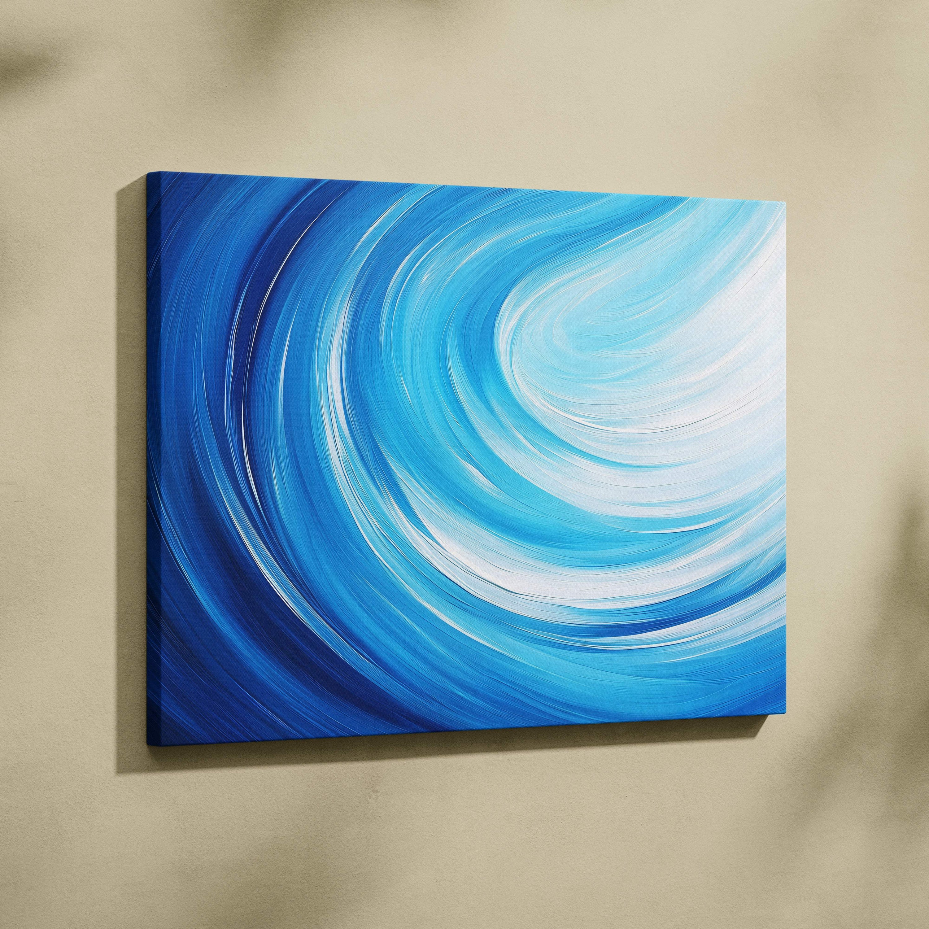 A vibrant blue and white abstract swirl canvas wall art print with dynamic brushstrokes for modern decor