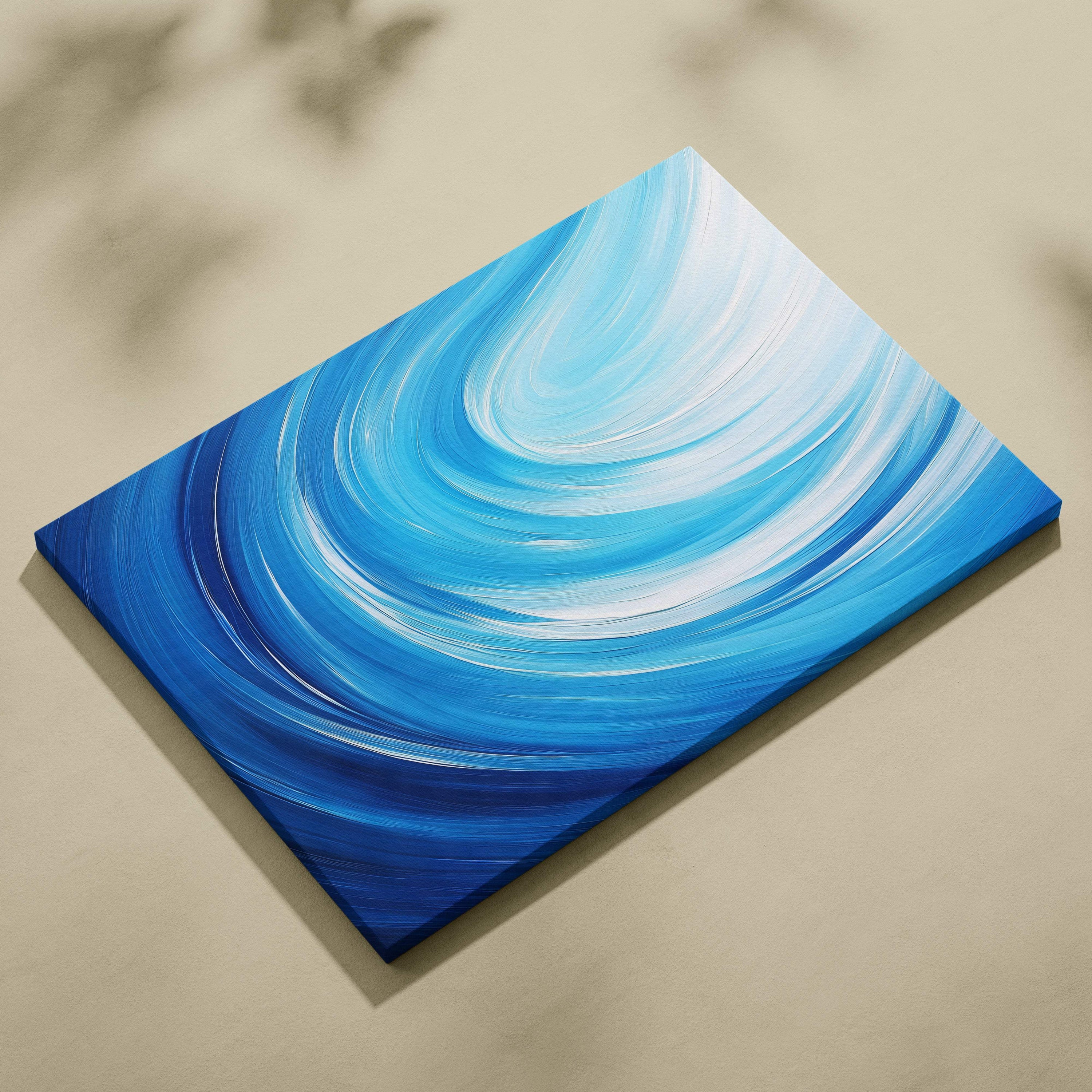 Blue abstract swirl canvas wall art print with deep blue and white paint strokes for modern living room decor