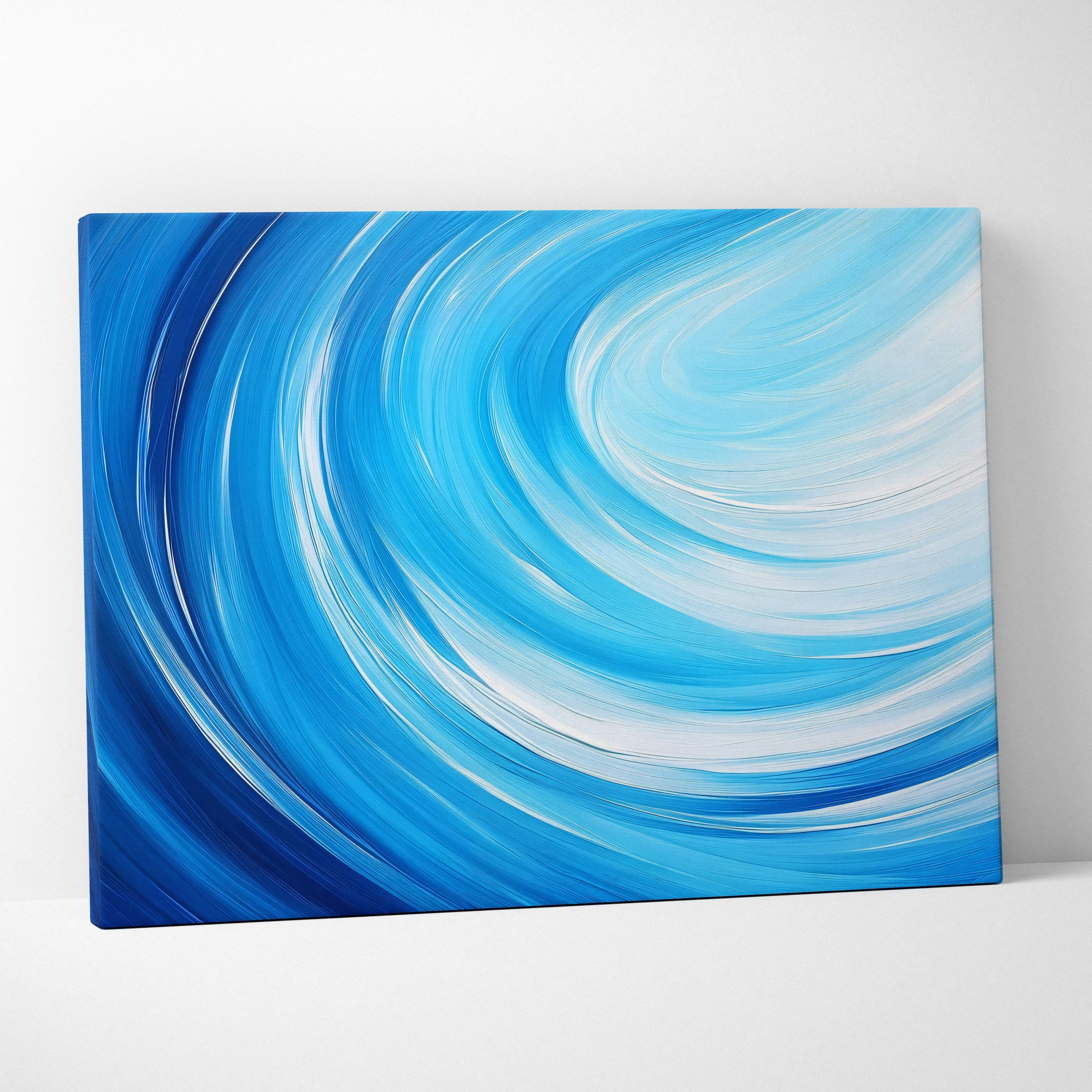 Blue abstract swirl canvas wall art print with vibrant deep blue white brushstrokes for modern coastal decor